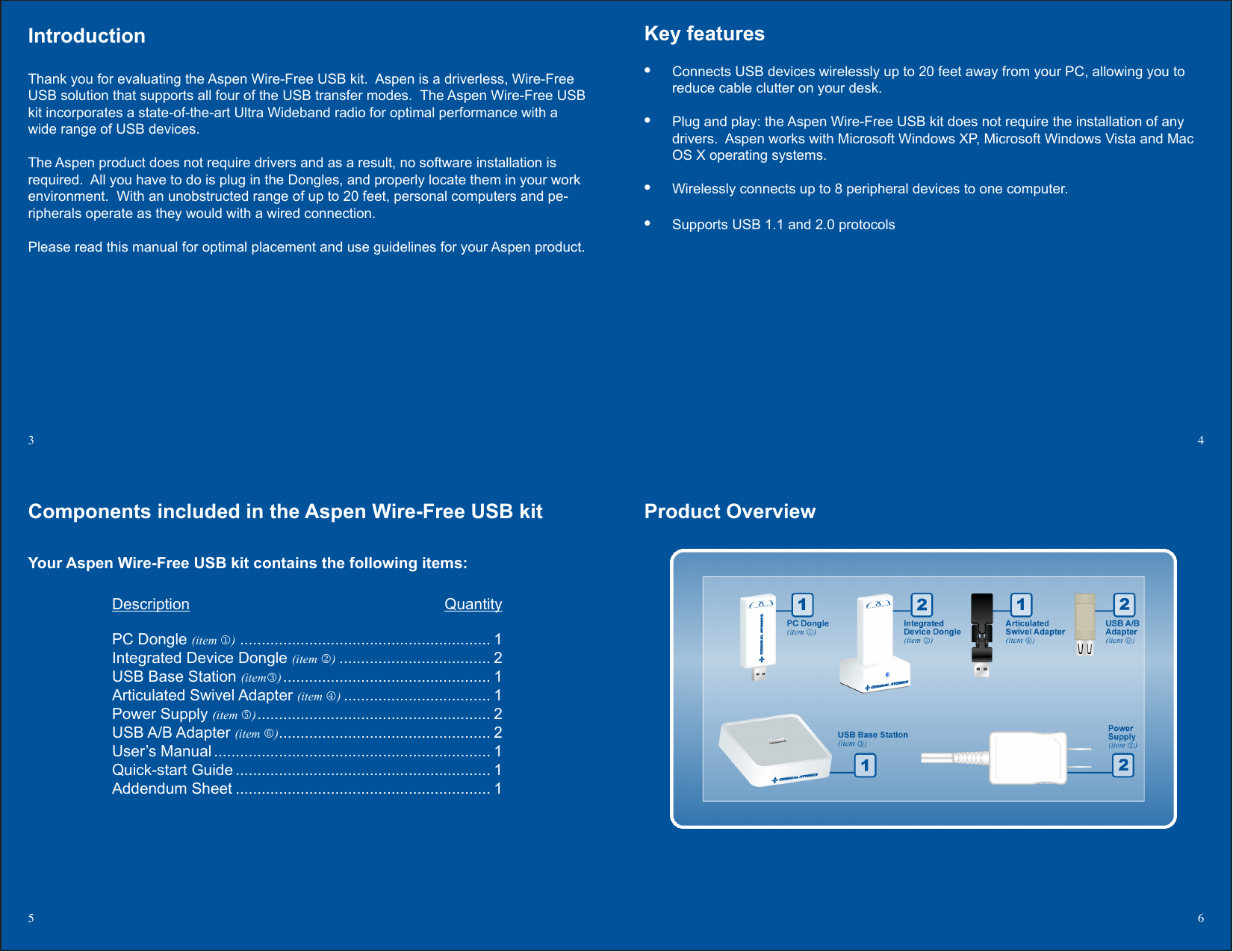 IntroductionThank you for evaluating the Aspen Wire-Free USB kit.  Aspen is a driverless, Wire-Free USB solution that supports all four of the USB transfer modes.  The Aspen Wire-Free USB kit incorporates a state-of-the-art Ultra Wideband radio for optimal performance with a wide range of USB devices.The Aspen product does not require drivers and as a result, no software installation is required.  All you have to do is plug in the Dongles, and properly locate them in your work environment.  With an unobstructed range of up to 20 feet, personal computers and pe-ripherals operate as they would with a wired connection.Please read this manual for optimal placement and use guidelines for your Aspen product. Product Overview  Key featuresConnects USB devices wirelessly up to 20 feet away from your PC, allowing you to •reduce cable clutter on your desk. Plug and play: the Aspen Wire-Free USB kit does not require the installation of any •drivers.  Aspen works with Microsoft Windows XP, Microsoft Windows Vista and Mac OS X operating systems.  Wirelessly connects up to 8 peripheral devices to one computer.•Supports USB 1.1 and 2.0 protocols•3  4Components included in the Aspen Wire-Free USB kitYour Aspen Wire-Free USB kit contains the following items:  Description  Quantity  PC Dongle (item ) .......................................................... 1  Integrated Device Dongle (item ) ................................... 2  USB Base Station (item) ................................................ 1  Articulated Swivel Adapter (item ) .................................. 1   Power Supply (item ) ...................................................... 2  USB A/B Adapter (item )................................................. 2  User’s Manual ................................................................ 1  Quick-start Guide ........................................................... 1  Addendum Sheet ........................................................... 15  6