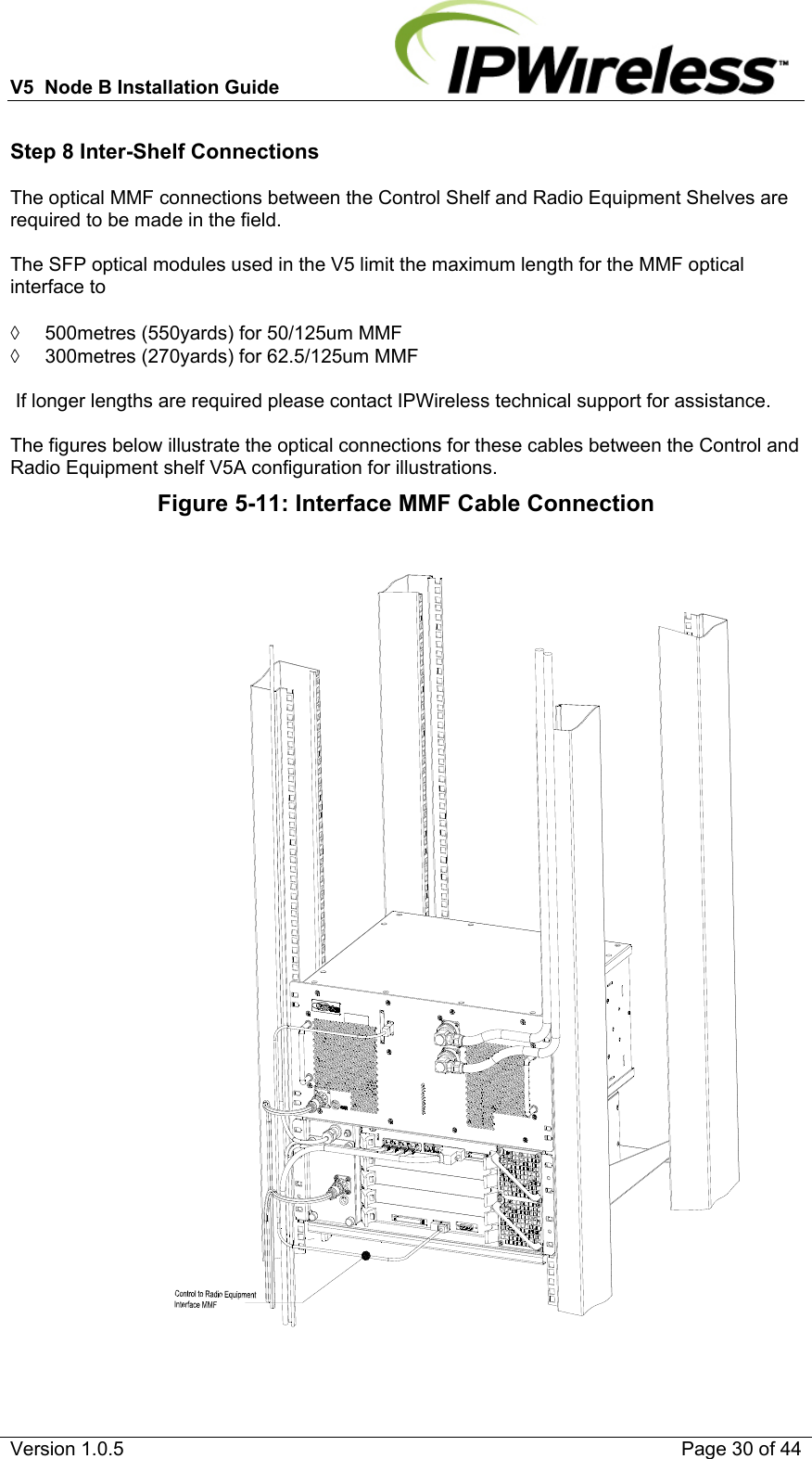 V5  Node B Installation Guide                           Version 1.0.5    Page 30 of 44 Step 8 Inter-Shelf Connections The optical MMF connections between the Control Shelf and Radio Equipment Shelves are required to be made in the field.  The SFP optical modules used in the V5 limit the maximum length for the MMF optical interface to  ◊  500metres (550yards) for 50/125um MMF ◊  300metres (270yards) for 62.5/125um MMF   If longer lengths are required please contact IPWireless technical support for assistance.  The figures below illustrate the optical connections for these cables between the Control and Radio Equipment shelf V5A configuration for illustrations. Figure 5-11: Interface MMF Cable Connection  