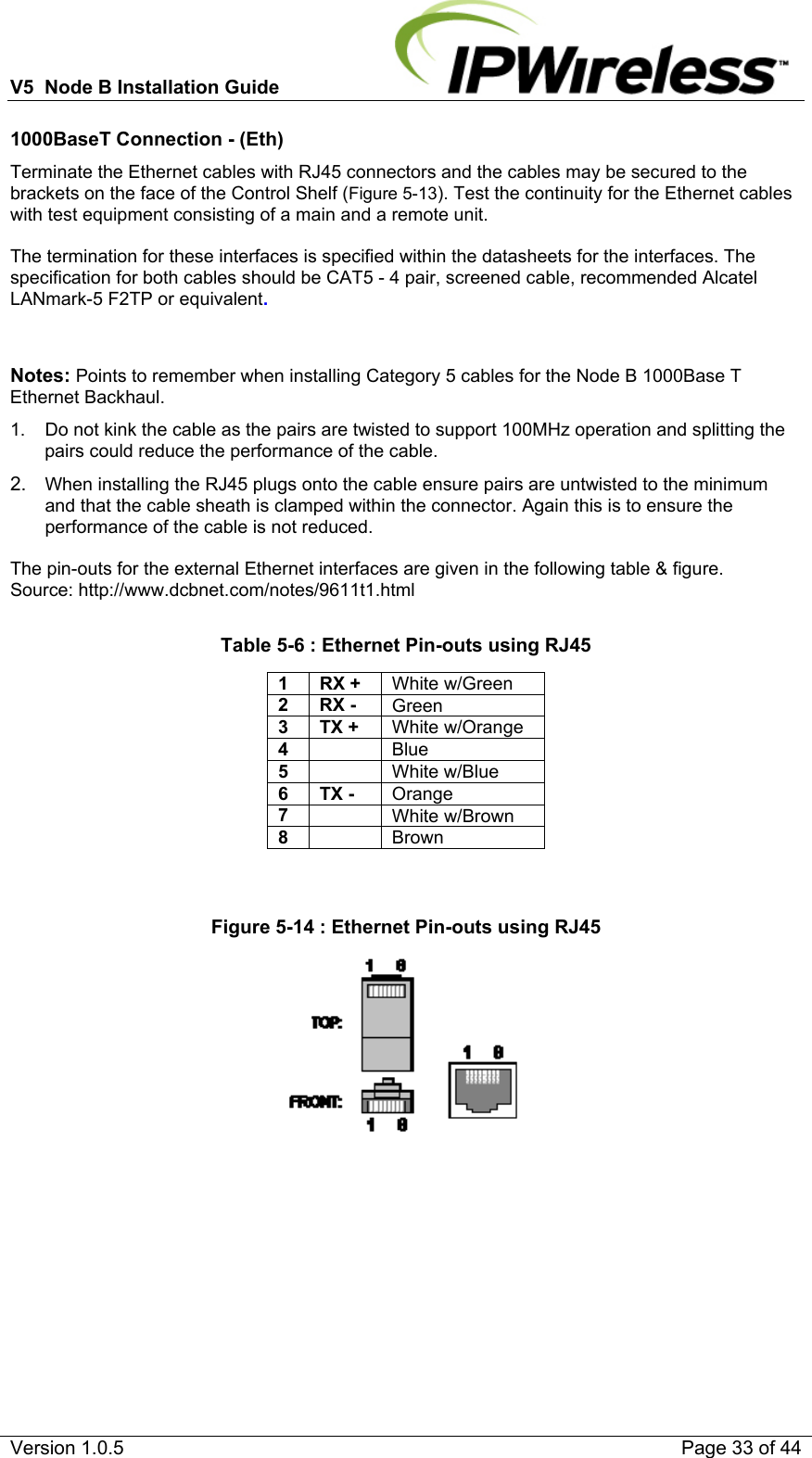 V5  Node B Installation Guide                           Version 1.0.5    Page 33 of 44 1000BaseT Connection - (Eth) Terminate the Ethernet cables with RJ45 connectors and the cables may be secured to the brackets on the face of the Control Shelf (Figure 5-13). Test the continuity for the Ethernet cables with test equipment consisting of a main and a remote unit.  The termination for these interfaces is specified within the datasheets for the interfaces. The specification for both cables should be CAT5 - 4 pair, screened cable, recommended Alcatel LANmark-5 F2TP or equivalent.   Notes: Points to remember when installing Category 5 cables for the Node B 1000Base T Ethernet Backhaul. 1.  Do not kink the cable as the pairs are twisted to support 100MHz operation and splitting the pairs could reduce the performance of the cable. 2.  When installing the RJ45 plugs onto the cable ensure pairs are untwisted to the minimum and that the cable sheath is clamped within the connector. Again this is to ensure the performance of the cable is not reduced.  The pin-outs for the external Ethernet interfaces are given in the following table &amp; figure. Source: http://www.dcbnet.com/notes/9611t1.html  Table 5-6 : Ethernet Pin-outs using RJ45 1 RX + White w/Green 2 RX -  Green3 TX + White w/Orange4   Blue5   White w/Blue6 TX -  Orange 7   White w/Brown8   Brown  Figure 5-14 : Ethernet Pin-outs using RJ45   