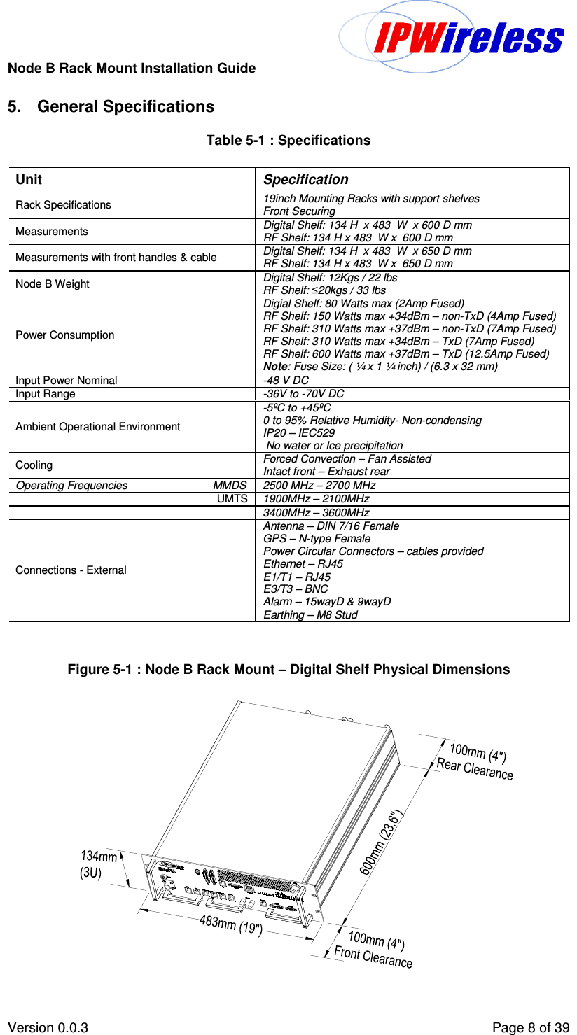 Node B Rack Mount Installation Guide                          Version 0.0.3    Page 8 of 39  5.  General Specifications Table 5-1 : Specifications   Figure 5-1 : Node B Rack Mount – Digital Shelf Physical Dimensions               Unit   Specification Rack Specifications  19inch Mounting Racks with support shelves Front Securing  Measurements  Digital Shelf: 134 H  x 483  W  x 600 D mm RF Shelf: 134 H x 483  W x  600 D mm Measurements with front handles &amp; cable  Digital Shelf: 134 H  x 483  W  x 650 D mm RF Shelf: 134 H x 483  W x  650 D mm Node B Weight   Digital Shelf: 12Kgs / 22 lbs RF Shelf: 20kgs / 33 lbs Power Consumption Digial Shelf: 80 Watts max (2Amp Fused) RF Shelf: 150 Watts max +34dBm – non-TxD (4Amp Fused) RF Shelf: 310 Watts max +37dBm – non-TxD (7Amp Fused) RF Shelf: 310 Watts max +34dBm – TxD (7Amp Fused) RF Shelf: 600 Watts max +37dBm – TxD (12.5Amp Fused) Note: Fuse Size: ( ¼ x 1 ¼ inch) / (6.3 x 32 mm) Input Power Nominal  -48 V DC Input Range  -36V to -70V DC Ambient Operational Environment  -5ºC to +45ºC 0 to 95% Relative Humidity- Non-condensing IP20 – IEC529   No water or Ice precipitation Cooling  Forced Convection – Fan Assisted Intact front – Exhaust rear Operating Frequencies                            MMDS  2500 MHz – 2700 MHz UMTS  1900MHz – 2100MHz  3400MHz – 3600MHz Connections - External Antenna – DIN 7/16 Female GPS – N-type Female Power Circular Connectors – cables provided Ethernet – RJ45 E1/T1 – RJ45 E3/T3 – BNC Alarm – 15wayD &amp; 9wayD Earthing – M8 Stud  