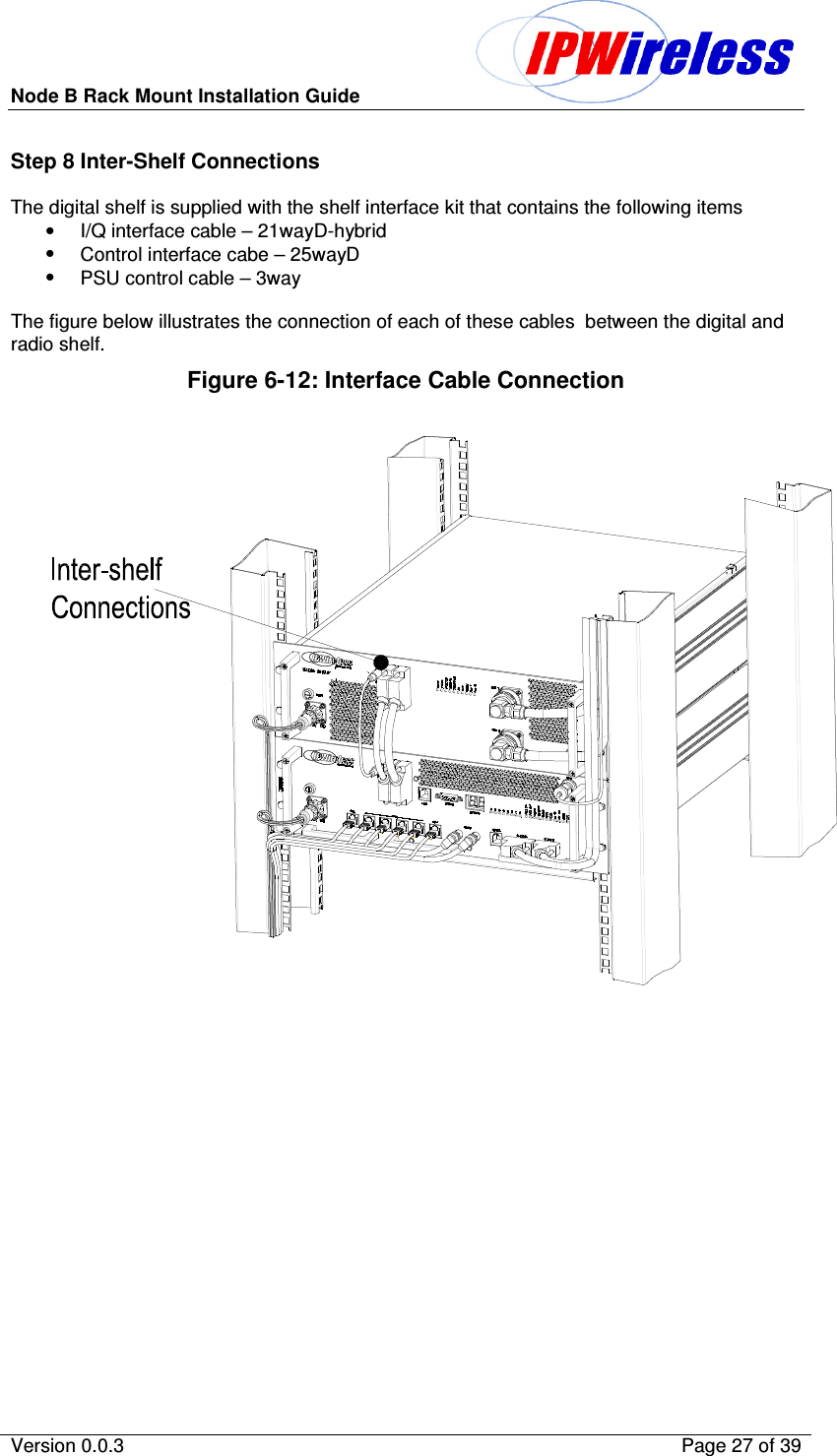 Node B Rack Mount Installation Guide                          Version 0.0.3    Page 27 of 39  Step 8 Inter-Shelf Connections The digital shelf is supplied with the shelf interface kit that contains the following items •  I/Q interface cable – 21wayD-hybrid •  Control interface cabe – 25wayD •  PSU control cable – 3way  The figure below illustrates the connection of each of these cables  between the digital and radio shelf. Figure 6-12: Interface Cable Connection   