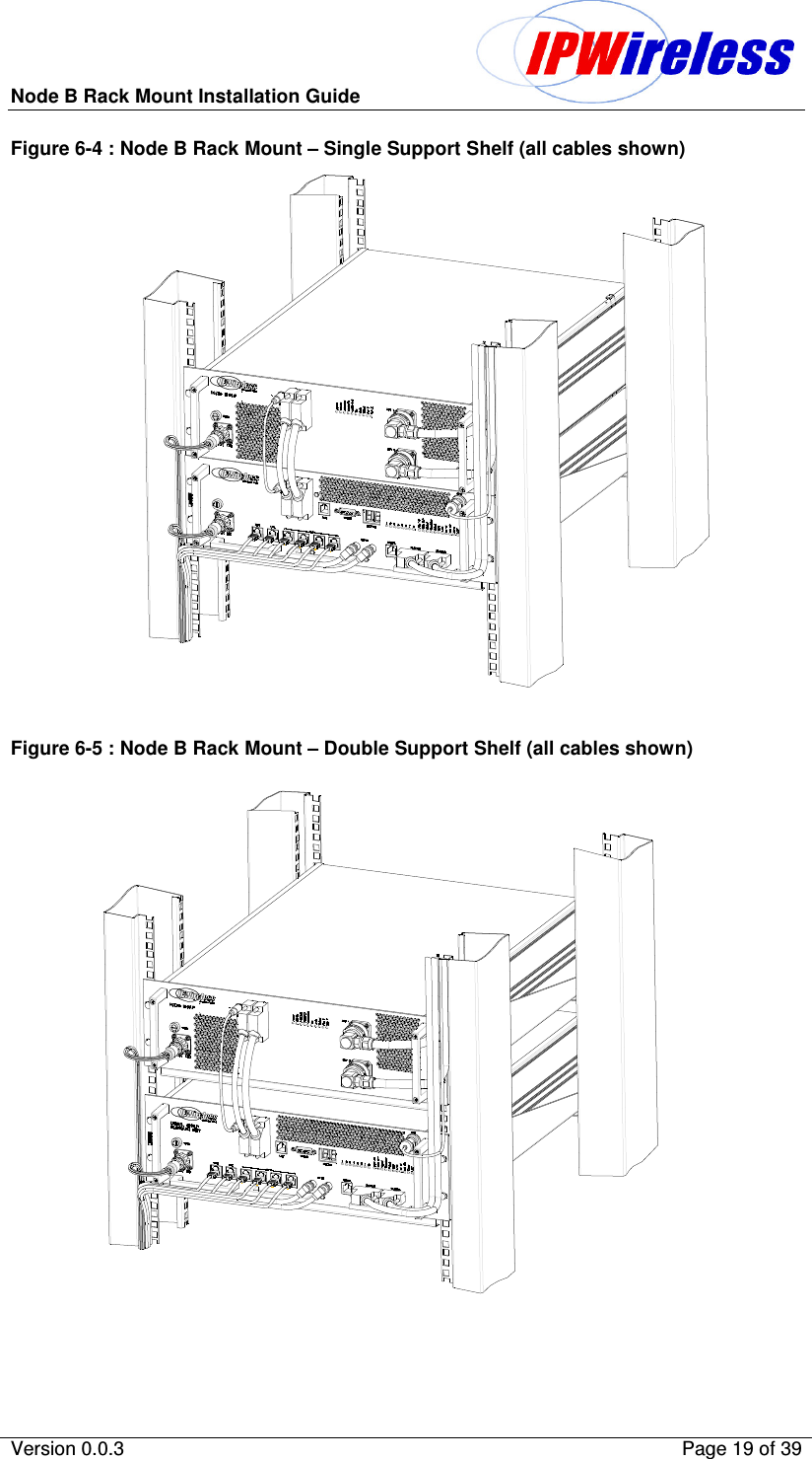 Node B Rack Mount Installation Guide                          Version 0.0.3    Page 19 of 39  Figure 6-4 : Node B Rack Mount – Single Support Shelf (all cables shown)                           Figure 6-5 : Node B Rack Mount – Double Support Shelf (all cables shown)    