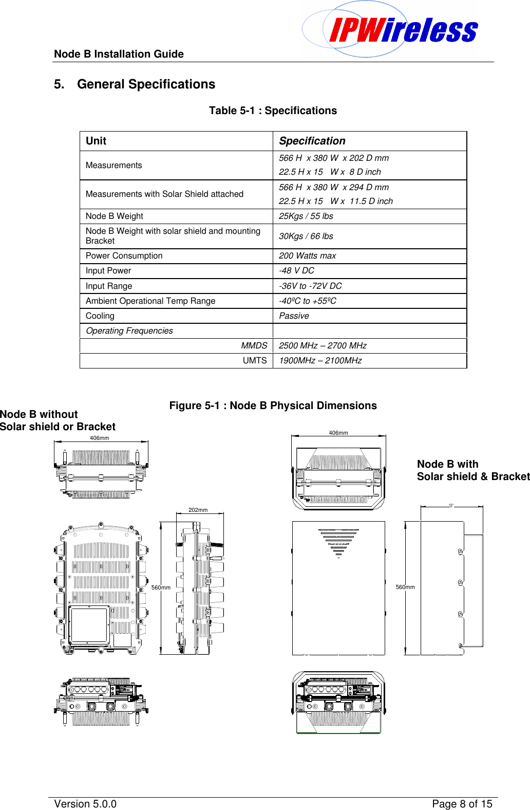 Node B Installation Guide                                               Version 5.0.0    Page 8 of 15  5. General Specifications Table 5-1 : Specifications   Figure 5-1 : Node B Physical Dimensions          10&quot;406mm406mm202mm560mm 560mm     Unit  Specification Measurements 566 H  x 380 W  x 202 D mm 22.5 H x 15   W x  8 D inch Measurements with Solar Shield attached 566 H  x 380 W  x 294 D mm 22.5 H x 15   W x  11.5 D inch Node B Weight  25Kgs / 55 lbs Node B Weight with solar shield and mounting Bracket 30Kgs / 66 lbs Power Consumption 200 Watts max Input Power -48 V DC Input Range -36V to -72V DC Ambient Operational Temp Range -40ºC to +55ºC Cooling Passive Operating Frequencies   MMDS 2500 MHz – 2700 MHz UMTS 1900MHz – 2100MHz Node B without Solar shield or Bracket Node B with Solar shield &amp; Bracket 