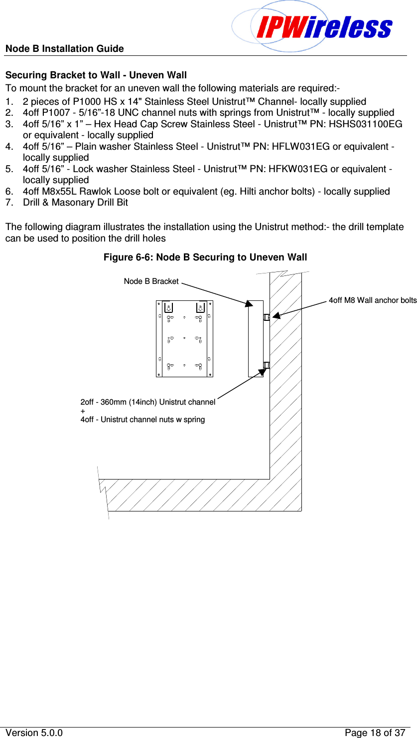 Node B Installation Guide                                              Version 5.0.0    Page 18 of 37  Securing Bracket to Wall - Uneven Wall To mount the bracket for an uneven wall the following materials are required:- 1.  2 pieces of P1000 HS x 14&quot; Stainless Steel Unistrut™ Channel- locally supplied  2.  4off P1007 - 5/16”-18 UNC channel nuts with springs from Unistrut™ - locally supplied  3.  4off 5/16” x 1” – Hex Head Cap Screw Stainless Steel - Unistrut™ PN: HSHS031100EG or equivalent - locally supplied 4.  4off 5/16” – Plain washer Stainless Steel - Unistrut™ PN: HFLW031EG or equivalent - locally supplied 5.  4off 5/16” - Lock washer Stainless Steel - Unistrut™ PN: HFKW031EG or equivalent - locally supplied 6.  4off M8x55L Rawlok Loose bolt or equivalent (eg. Hilti anchor bolts) - locally supplied  7.  Drill &amp; Masonary Drill Bit  The following diagram illustrates the installation using the Unistrut method:- the drill template can be used to position the drill holes Figure 6-6: Node B Securing to Uneven Wall  4off M8 Wall anchor bolts  2off - 360mm (14inch) Unistrut channel + 4off - Unistrut channel nuts w spring   Node B Bracket  