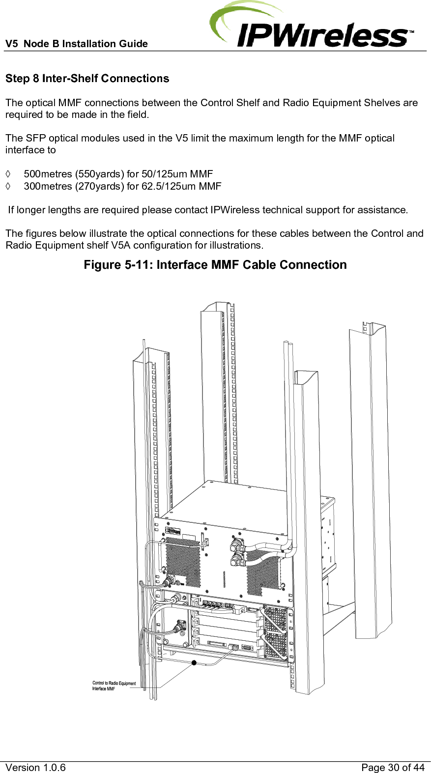 V5  Node B Installation Guide                           Version 1.0.6    Page 30 of 44 Step 8 Inter-Shelf Connections The optical MMF connections between the Control Shelf and Radio Equipment Shelves are required to be made in the field.  The SFP optical modules used in the V5 limit the maximum length for the MMF optical interface to  ◊  500metres (550yards) for 50/125um MMF ◊  300metres (270yards) for 62.5/125um MMF   If longer lengths are required please contact IPWireless technical support for assistance.  The figures below illustrate the optical connections for these cables between the Control and Radio Equipment shelf V5A configuration for illustrations. Figure 5-11: Interface MMF Cable Connection  