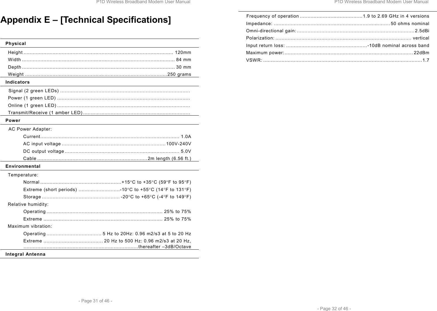 P1D Wireless Broadband Modem User Manual  - Page 31 of 46 -  Appendix E – [Technical Specifications]  Physical Height .................................................................................................. 120mm Width .................................................................................................... 84 mm  Depth .................................................................................................... 30 mm Weight .............................................................................................250 grams Indicators Signal (2 green LEDs) .....................................................................................  Power (1 green LED) .......................................................................................  Online (1 green LED) .......................................................................................  Transmit/Receive (1 amber LED) ......................................................................  Power AC Power Adapter: Current........................................................................................... 1.0A AC input voltage ....................................................................100V-240V DC output voltage ........................................................................... 5.0V Cable ........................................................................2m length (6.56 ft.) Environmental Temperature: Normal .....................................................+15°C to +35°C (59°F to 95°F) Extreme (short periods) ...........................-10°C to +55°C (14°F to 131°F) Storage ................................................... -20°C to +65°C (-4°F to 149°F) Relative humidity: Operating ............................................................................ 25% to 75% Extreme .............................................................................. 25% to 75% Maximum vibration: Operating .................................... 5 Hz to 20Hz: 0.96 m2/s3 at 5 to 20 Hz Extreme ....................................... 20 Hz to 500 Hz: 0.96 m2/s3 at 20 Hz,  ...........................................................................thereafter –3dB/Octave Integral Antenna P1D Wireless Broadband Modem User Manual  - Page 32 of 46 - Frequency of operation .........................................1.9 to 2.69 GHz in 4 versions Impedance: ............................................................................ 50 ohms nominal Omni-directional gain: .............................................................................2.5dBi Polarization: ......................................................................................... vertical Input return loss: .....................................................-10dB nominal across band Maximum power:.................................................................................... 22dBm VSWR: ........................................................................................................1.7 