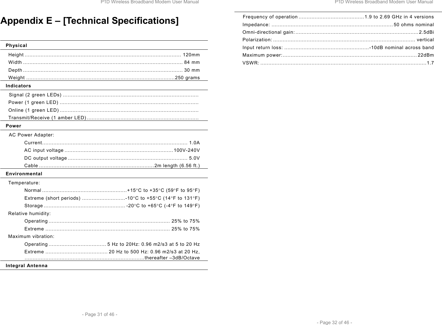 P1D Wireless Broadband Modem User Manual  - Page 31 of 46 -  Appendix E – [Technical Specifications]  Physical Height .................................................................................................. 120mm Width .................................................................................................... 84 mm  Depth .................................................................................................... 30 mm Weight .............................................................................................250 grams Indicators Signal (2 green LEDs) .....................................................................................  Power (1 green LED) .......................................................................................  Online (1 green LED) .......................................................................................  Transmit/Receive (1 amber LED) ......................................................................  Power AC Power Adapter: Current........................................................................................... 1.0A AC input voltage ....................................................................100V-240V DC output voltage ........................................................................... 5.0V Cable ........................................................................2m length (6.56 ft.) Environmental Temperature: Normal .....................................................+15°C to +35°C (59°F to 95°F) Extreme (short periods) ...........................-10°C to +55°C (14°F to 131°F) Storage ................................................... -20°C to +65°C (-4°F to 149°F) Relative humidity: Operating ............................................................................ 25% to 75% Extreme .............................................................................. 25% to 75% Maximum vibration: Operating .................................... 5 Hz to 20Hz: 0.96 m2/s3 at 5 to 20 Hz Extreme ....................................... 20 Hz to 500 Hz: 0.96 m2/s3 at 20 Hz,  ...........................................................................thereafter –3dB/Octave Integral Antenna P1D Wireless Broadband Modem User Manual  - Page 32 of 46 - Frequency of operation .........................................1.9 to 2.69 GHz in 4 versions Impedance: ............................................................................ 50 ohms nominal Omni-directional gain: .............................................................................2.5dBi Polarization: ......................................................................................... vertical Input return loss: .....................................................-10dB nominal across band Maximum power:.................................................................................... 22dBm VSWR: ........................................................................................................1.7 