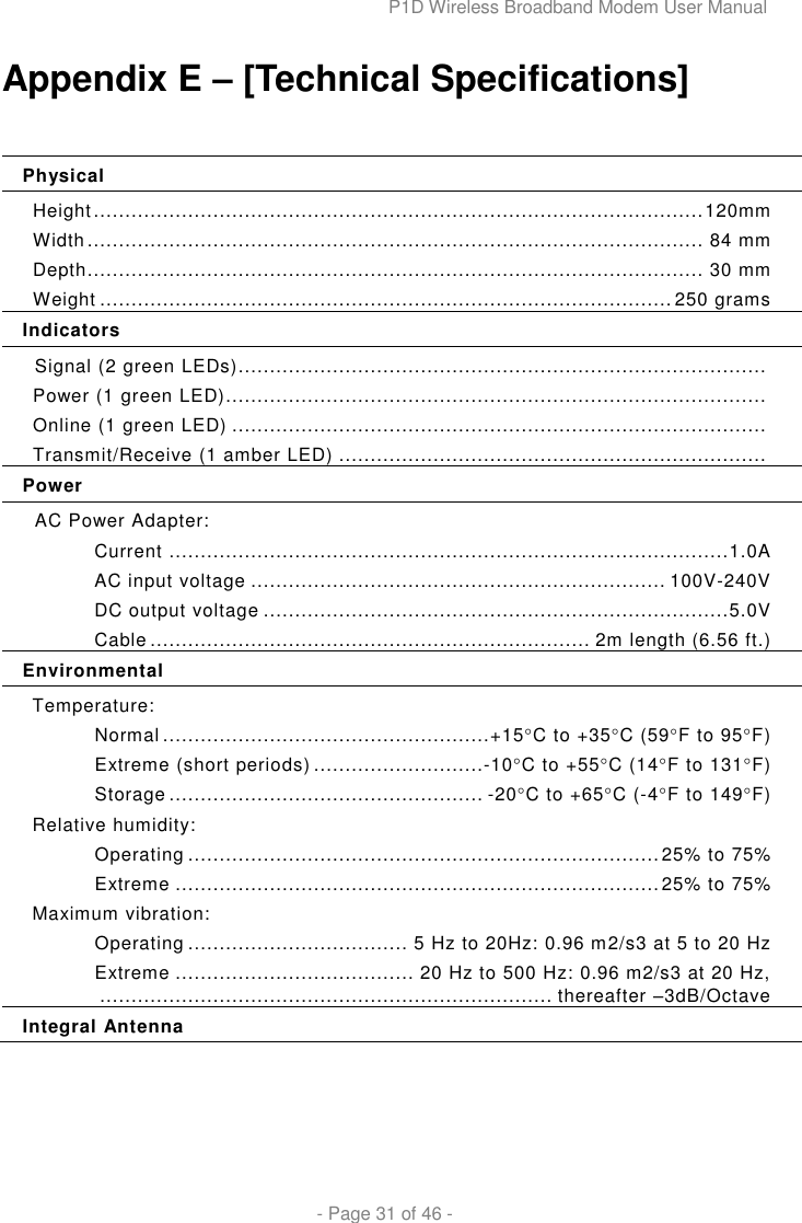 P1D Wireless Broadband Modem User Manual  - Page 31 of 46 -  Appendix E – [Technical Specifications]  Physical Height ................................................................................................. 120mm Width .................................................................................................. 84 mm  Depth.................................................................................................. 30 mm Weight ........................................................................................... 250 grams Indicators Signal (2 green LEDs) ....................................................................................  Power (1 green LED)......................................................................................  Online (1 green LED) .....................................................................................  Transmit/Receive (1 amber LED) ....................................................................  Power AC Power Adapter: Current ......................................................................................... 1.0A AC input voltage .................................................................. 100V-240V DC output voltage .......................................................................... 5.0V Cable ...................................................................... 2m length (6.56 ft.) Environmental Temperature: Normal .................................................... +15C to +35C (59F to 95F) Extreme (short periods) ...........................-10C to +55C (14F to 131F) Storage .................................................. -20C to +65C (-4F to 149F) Relative humidity: Operating ........................................................................... 25% to 75% Extreme ............................................................................. 25% to 75% Maximum vibration: Operating ................................... 5 Hz to 20Hz: 0.96 m2/s3 at 5 to 20 Hz Extreme ...................................... 20 Hz to 500 Hz: 0.96 m2/s3 at 20 Hz,   ........................................................................ thereafter –3dB/Octave Integral Antenna 