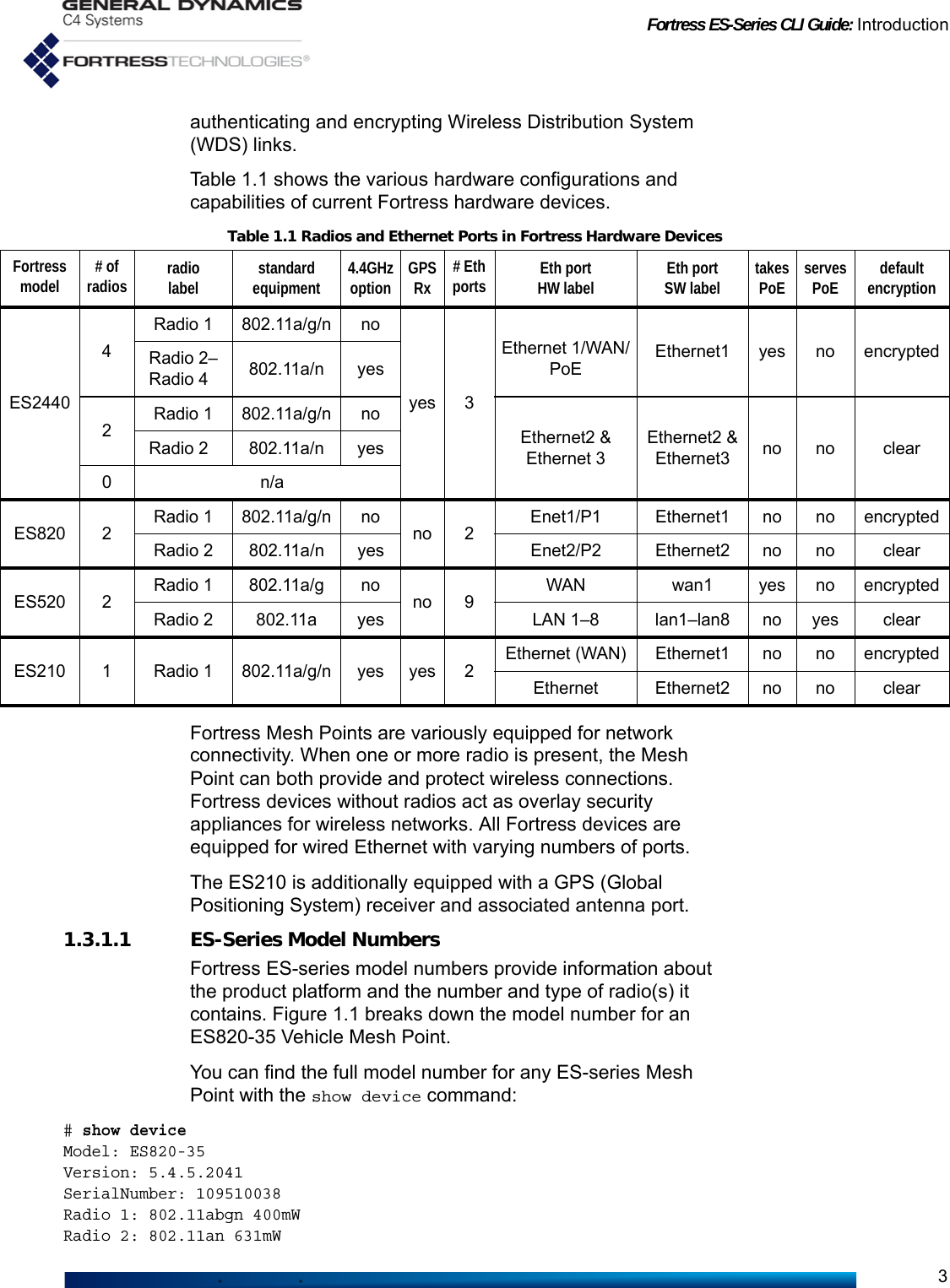 Fortress ES-Series CLI Guide: Introduction3authenticating and encrypting Wireless Distribution System (WDS) links.Table 1.1 shows the various hardware configurations and capabilities of current Fortress hardware devices. Fortress Mesh Points are variously equipped for network connectivity. When one or more radio is present, the Mesh Point can both provide and protect wireless connections. Fortress devices without radios act as overlay security appliances for wireless networks. All Fortress devices are equipped for wired Ethernet with varying numbers of ports.The ES210 is additionally equipped with a GPS (Global Positioning System) receiver and associated antenna port. 1.3.1.1 ES-Series Model NumbersFortress ES-series model numbers provide information about the product platform and the number and type of radio(s) it contains. Figure 1.1 breaks down the model number for an ES820-35 Vehicle Mesh Point. You can find the full model number for any ES-series Mesh Point with the show device command:# show deviceModel: ES820-35Version: 5.4.5.2041SerialNumber: 109510038Radio 1: 802.11abgn 400mWRadio 2: 802.11an 631mWTable 1.1 Radios and Ethernet Ports in Fortress Hardware DevicesFortress model # of radios radio label standard equipment 4.4GHz option GPS Rx # Eth ports Eth port HW label Eth port SW label takes PoE serves PoE default encryptionES24404Radio 1 802.11a/g/n noyes3Ethernet 1/WAN/PoE Ethernet1 yes no encryptedRadio 2–Radio 4 802.11a/n yes2Radio 1 802.11a/g/n noEthernet2 &amp;Ethernet 3Ethernet2 &amp;Ethernet3 no no clearRadio 2 802.11a/n yes0n/aES820 2 Radio 1 802.11a/g/n no no 2 Enet1/P1 Ethernet1 no no encryptedRadio 2 802.11a/n yes Enet2/P2 Ethernet2 no no clearES520 2 Radio 1 802.11a/g no no 9 WAN wan1 yes no encryptedRadio 2 802.11a yes LAN 1–8 lan1–lan8 no yes clearES210 1 Radio 1 802.11a/g/n yes yes 2 Ethernet (WAN) Ethernet1 no no encryptedEthernet Ethernet2 no no clear