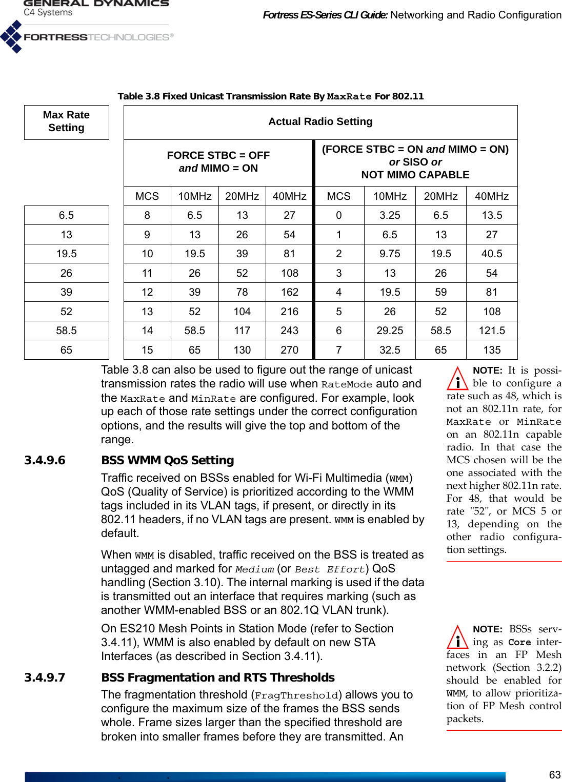 Fortress ES-Series CLI Guide: Networking and Radio Configuration63NOTE: It is possi-ble to configure arate such as 48, which isnot an 802.11n rate, forMaxRate or MinRateon an 802.11n capableradio. In that case theMCS chosen will be theone associated with thenext higher 802.11n rate.For 48, that would berate &quot;52&quot;, or MCS 5 or13, depending on theother radio configura-tion settings.Table 3.8 can also be used to figure out the range of unicast transmission rates the radio will use when RateMode auto and the MaxRate and MinRate are configured. For example, look up each of those rate settings under the correct configuration options, and the results will give the top and bottom of the range.3.4.9.6 BSS WMM QoS SettingTraffic received on BSSs enabled for Wi-Fi Multimedia (WMM) QoS (Quality of Service) is prioritized according to the WMM tags included in its VLAN tags, if present, or directly in its 802.11 headers, if no VLAN tags are present. WMM is enabled by default.When WMM is disabled, traffic received on the BSS is treated as untagged and marked for Medium (or Best Effort) QoS handling (Section 3.10). The internal marking is used if the data is transmitted out an interface that requires marking (such as another WMM-enabled BSS or an 802.1Q VLAN trunk).NOTE: BSSs serv-ing as Core inter-faces in an FP Meshnetwork (Section 3.2.2)should be enabled forWMM, to allow prioritiza-tion of FP Mesh controlpackets.On ES210 Mesh Points in Station Mode (refer to Section 3.4.11), WMM is also enabled by default on new STA Interfaces (as described in Section 3.4.11).3.4.9.7 BSS Fragmentation and RTS ThresholdsThe fragmentation threshold (FragThreshold) allows you to configure the maximum size of the frames the BSS sends whole. Frame sizes larger than the specified threshold are broken into smaller frames before they are transmitted. An Table 3.8 Fixed Unicast Transmission Rate By MaxRate For 802.11Max Rate Setting Actual Radio SettingFORCE STBC = OFFand MIMO = ON(FORCE STBC = ON and MIMO = ON)or SISO orNOT MIMO CAPABLEMCS 10MHz 20MHz 40MHz MCS 10MHz 20MHz 40MHz6.5 8 6.5 13 27 0 3.25 6.5 13.513 9 13 26 54 1 6.5 13 2719.5 10 19.5 39 81 2 9.75 19.5 40.526 11 26 52 108 3 13 26 5439 12 39 78 162 4 19.5 59 8152 13 52 104 216 5 26 52 10858.5 14 58.5 117 243 6 29.25 58.5 121.565 15 65 130 270 7 32.5 65 135