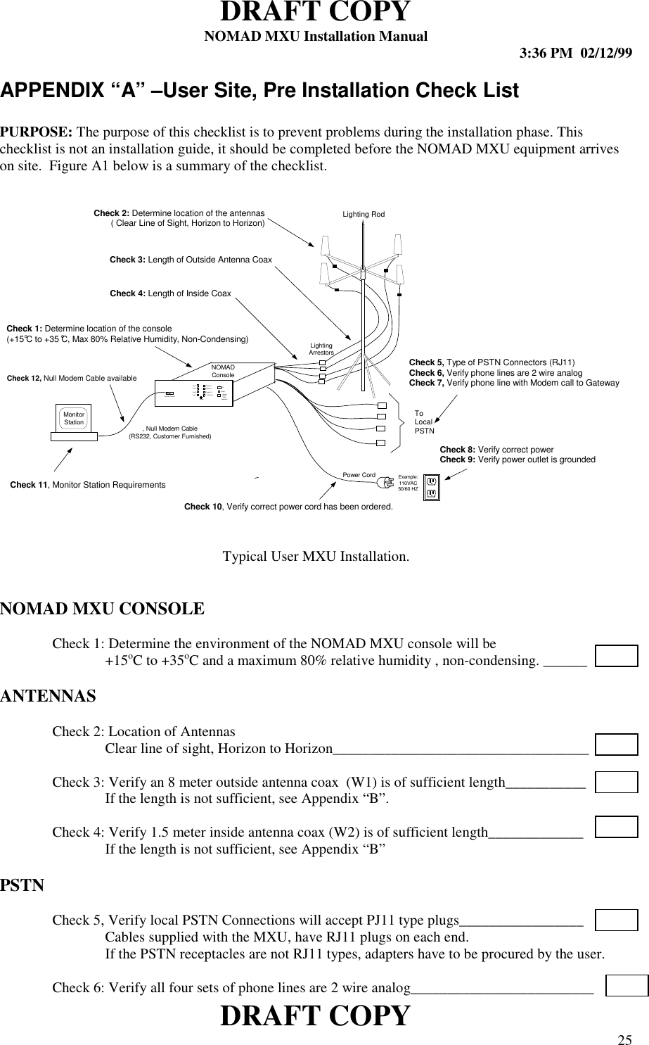 DRAFT COPYNOMAD MXU Installation Manual 3:36 PM  02/12/99DRAFT COPY 25APPENDIX “A” –User Site, Pre Installation Check ListPURPOSE: The purpose of this checklist is to prevent problems during the installation phase. Thischecklist is not an installation guide, it should be completed before the NOMAD MXU equipment arriveson site.  Figure A1 below is a summary of the checklist.Typical User MXU Installation.NOMAD MXU CONSOLECheck 1: Determine the environment of the NOMAD MXU console will be+15oC to +35oC and a maximum 80% relative humidity , non-condensing. ______ANTENNASCheck 2: Location of AntennasClear line of sight, Horizon to Horizon___________________________________Check 3: Verify an 8 meter outside antenna coax  (W1) is of sufficient length___________If the length is not sufficient, see Appendix “B”.Check 4: Verify 1.5 meter inside antenna coax (W2) is of sufficient length_____________If the length is not sufficient, see Appendix “B”PSTNCheck 5, Verify local PSTN Connections will accept PJ11 type plugs_________________Cables supplied with the MXU, have RJ11 plugs on each end.If the PSTN receptacles are not RJ11 types, adapters have to be procured by the user.Check 6: Verify all four sets of phone lines are 2 wire analog_________________________Line 1Line 2Line 3Line 4Channe l 1Channel 2Channe l 3OnReadyPowerChannel  1 InitiatePowerDownSequenc eControl InterfaceExample:110VAC50/60 HZ, Null Modem Cable(RS232, Customer Furnished)Power CordCheck 1: Determine location of the console(+15 C to +35 C, Max 80% Relative Humidity, Non-Condensing)Check 2: Determine location of the antennas( Clear Line of Sight, Horizon to Horizon)Check 3: Length of Outside Antenna CoaxCheck 4: Length of Inside CoaxCheck 5, Type of PSTN Connectors (RJ11)Check 6, Verify phone lines are 2 wire analogCheck 7, Verify phone line with Modem call to GatewayCheck 10, Verify correct power cord has been ordered.Check 11, Monitor Station RequirementsToLocalPSTNNOMADConsoleLightingArrestorsLighting RodMonitorStationCheck 8: Verify correct powerCheck 9: Verify power outlet is groundedCheck 12, Null Modem Cable availableoo