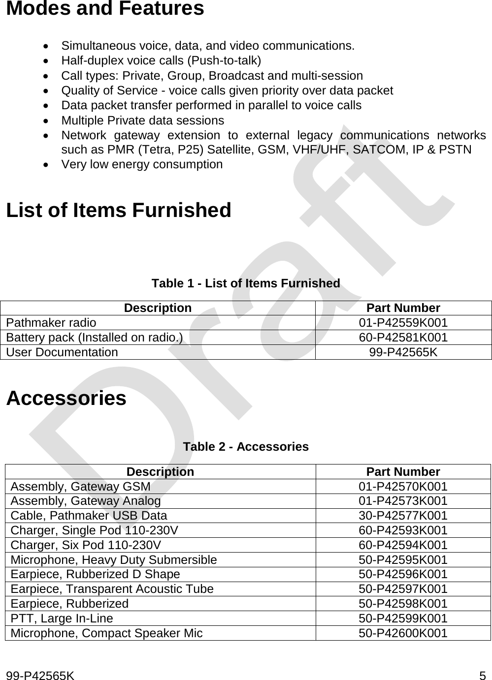  99-P42565K     5  Modes and Features  • Simultaneous voice, data, and video communications. • Half-duplex voice calls (Push-to-talk)  • Call types: Private, Group, Broadcast and multi-session  • Quality of Service - voice calls given priority over data packet • Data packet transfer performed in parallel to voice calls  • Multiple Private data sessions  • Network gateway extension to external legacy communications networks such as PMR (Tetra, P25) Satellite, GSM, VHF/UHF, SATCOM, IP &amp; PSTN • Very low energy consumption   List of Items Furnished   Table 1 - List of Items Furnished Description Part Number Pathmaker radio 01-P42559K001 Battery pack (Installed on radio.) 60-P42581K001 User Documentation 99-P42565K  Accessories  Table 2 - Accessories Description Part Number Assembly, Gateway GSM 01-P42570K001 Assembly, Gateway Analog 01-P42573K001 Cable, Pathmaker USB Data 30-P42577K001 Charger, Single Pod 110-230V 60-P42593K001 Charger, Six Pod 110-230V 60-P42594K001 Microphone, Heavy Duty Submersible 50-P42595K001 Earpiece, Rubberized D Shape 50-P42596K001 Earpiece, Transparent Acoustic Tube 50-P42597K001 Earpiece, Rubberized 50-P42598K001 PTT, Large In-Line 50-P42599K001 Microphone, Compact Speaker Mic 50-P42600K001 