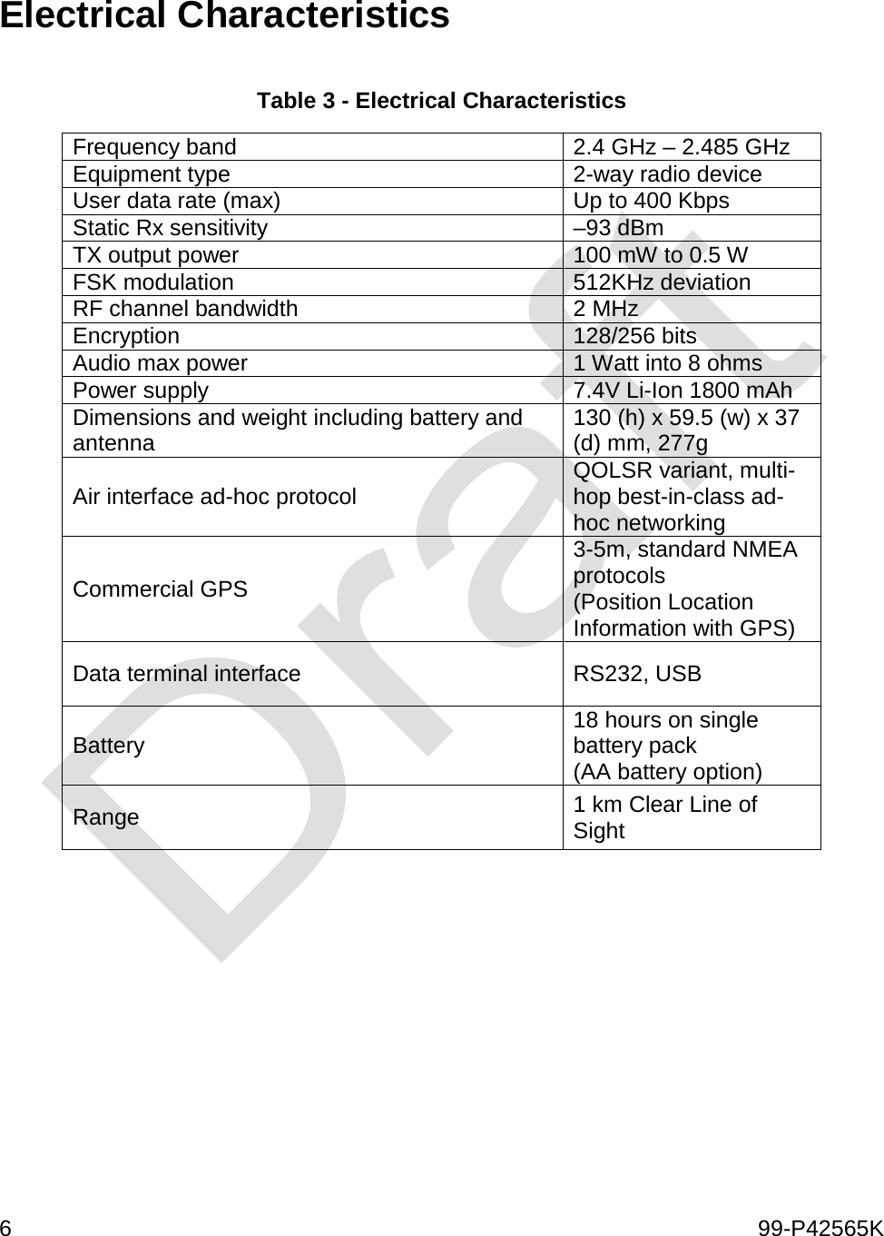  6    99-P42565K  Electrical Characteristics  Table 3 - Electrical Characteristics Frequency band 2.4 GHz – 2.485 GHz Equipment type 2-way radio device User data rate (max) Up to 400 Kbps  Static Rx sensitivity –93 dBm TX output power 100 mW to 0.5 W FSK modulation 512KHz deviation RF channel bandwidth 2 MHz Encryption 128/256 bits Audio max power 1 Watt into 8 ohms Power supply 7.4V Li-Ion 1800 mAh Dimensions and weight including battery and   antenna 130 (h) x 59.5 (w) x 37 (d) mm, 277g  Air interface ad-hoc protocol QOLSR variant, multi-hop best-in-class ad-hoc networking Commercial GPS 3-5m, standard NMEA protocols (Position Location Information with GPS) Data terminal interface RS232, USB Battery 18 hours on single battery pack  (AA battery option) Range 1 km Clear Line of Sight     