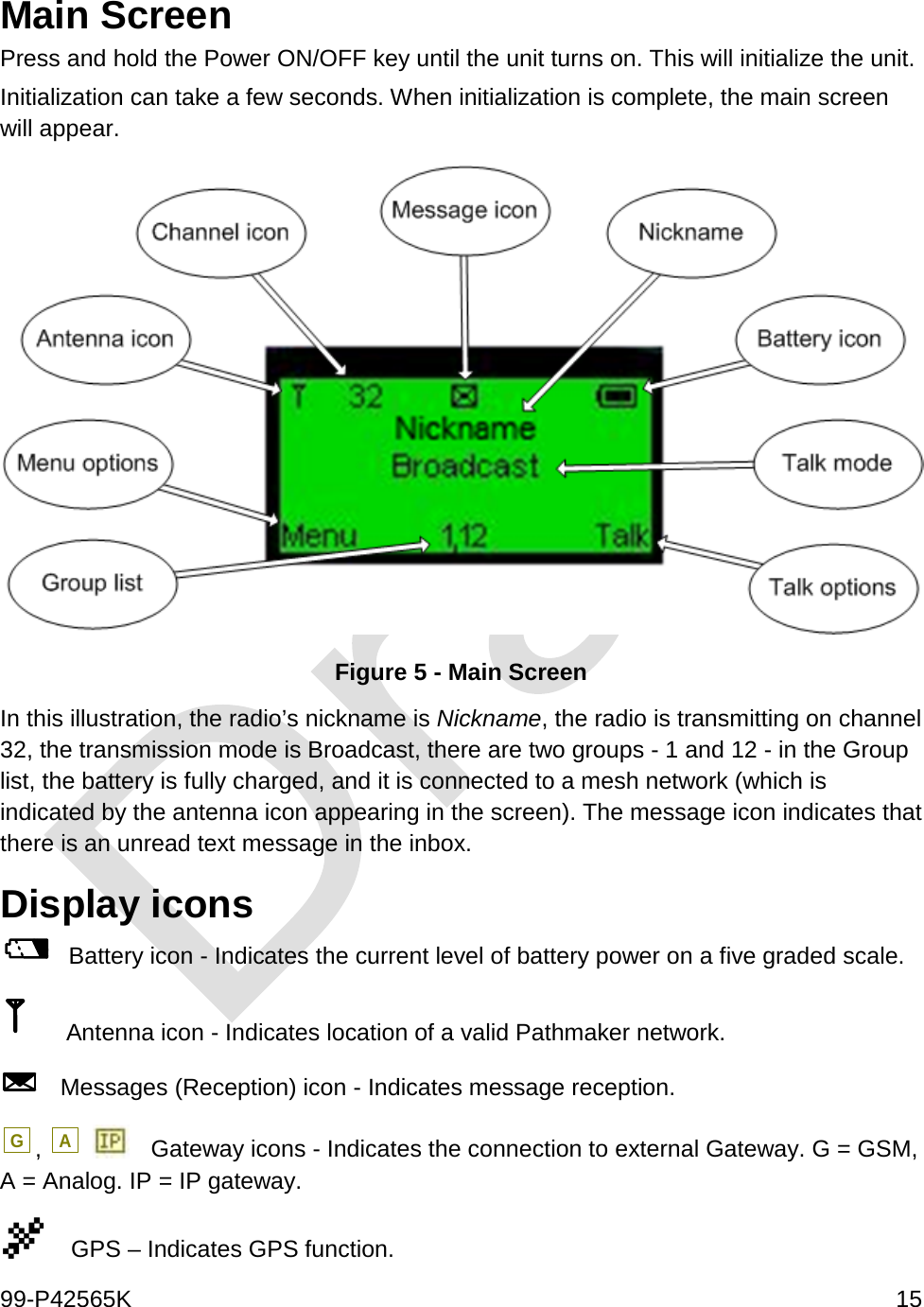  99-P42565K     15  Main Screen Press and hold the Power ON/OFF key until the unit turns on. This will initialize the unit. Initialization can take a few seconds. When initialization is complete, the main screen will appear.  Figure 5 - Main Screen In this illustration, the radio’s nickname is Nickname, the radio is transmitting on channel 32, the transmission mode is Broadcast, there are two groups - 1 and 12 - in the Group list, the battery is fully charged, and it is connected to a mesh network (which is indicated by the antenna icon appearing in the screen). The message icon indicates that there is an unread text message in the inbox. Display icons   Battery icon - Indicates the current level of battery power on a five graded scale.      Antenna icon - Indicates location of a valid Pathmaker network.    Messages (Reception) icon - Indicates message reception. G, A    Gateway icons - Indicates the connection to external Gateway. G = GSM, A = Analog. IP = IP gateway.  GPS – Indicates GPS function. 