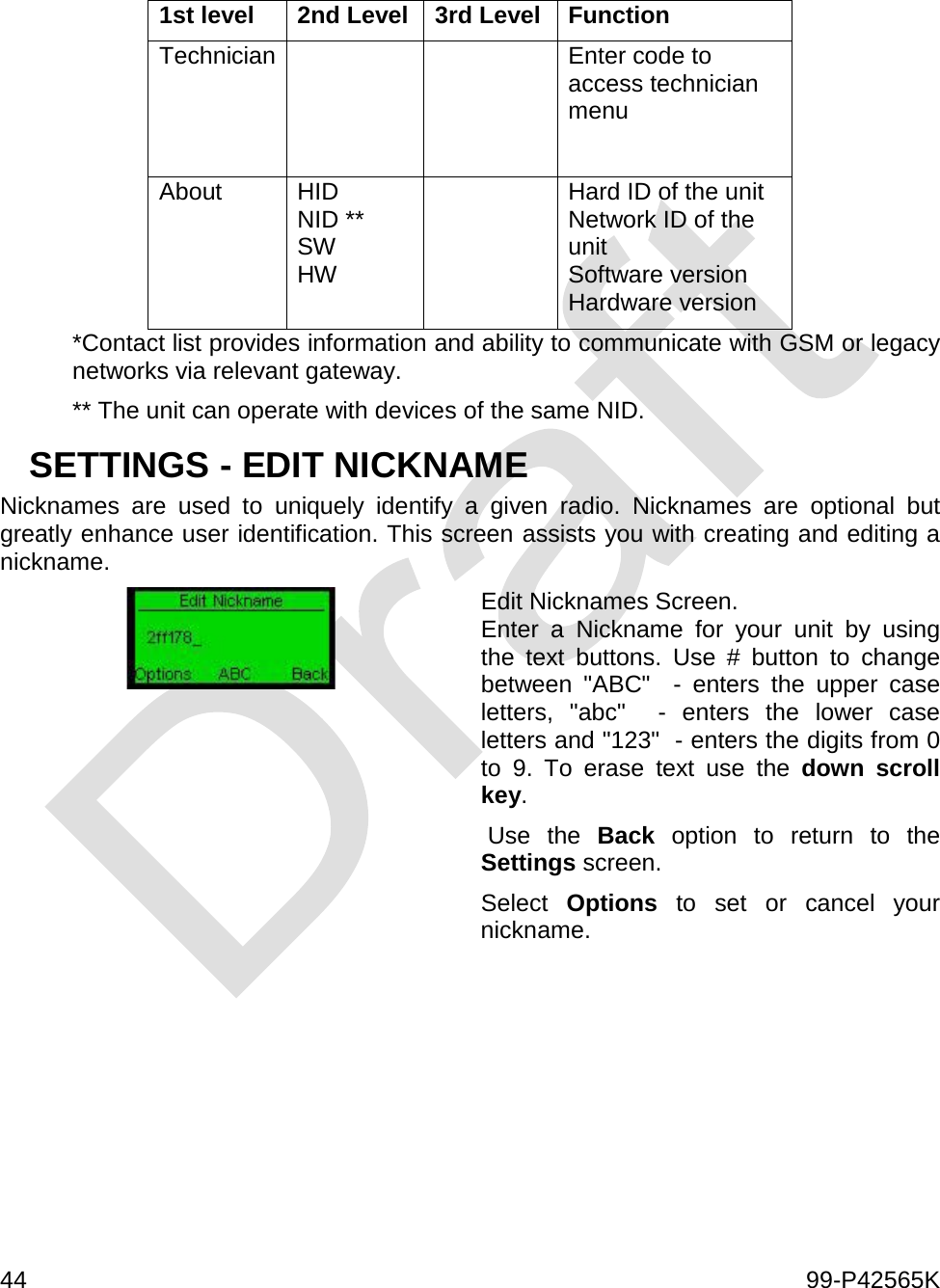  44    99-P42565K   1st level 2nd Level 3rd Level Function Technician   Enter code to access technician menu  About HID NID ** SW HW  Hard ID of the unit Network ID of the unit Software version Hardware version *Contact list provides information and ability to communicate with GSM or legacy networks via relevant gateway. ** The unit can operate with devices of the same NID. SETTINGS - EDIT NICKNAME Nicknames are used to uniquely identify a given radio. Nicknames are optional but greatly enhance user identification. This screen assists you with creating and editing a nickname.   Edit Nicknames Screen.  Enter a Nickname for your unit by using the text buttons. Use # button to change between  &quot;ABC&quot;   - enters the  upper  case letters,  &quot;abc&quot;  -  enters the lower case letters and &quot;123&quot;  - enters the digits from 0 to 9. To erase text use the down  scroll key.  Use the Back option to return to the Settings screen.  Select  Options to  set or  cancel your nickname.     