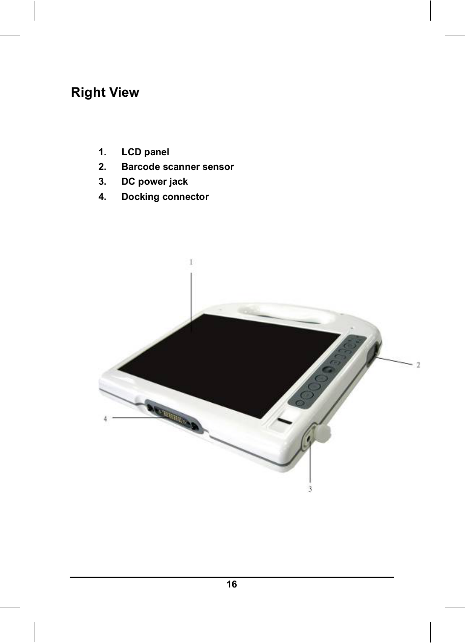     16Right View   1. LCD panel 2.  Barcode scanner sensor  3.  DC power jack 4. Docking connector        