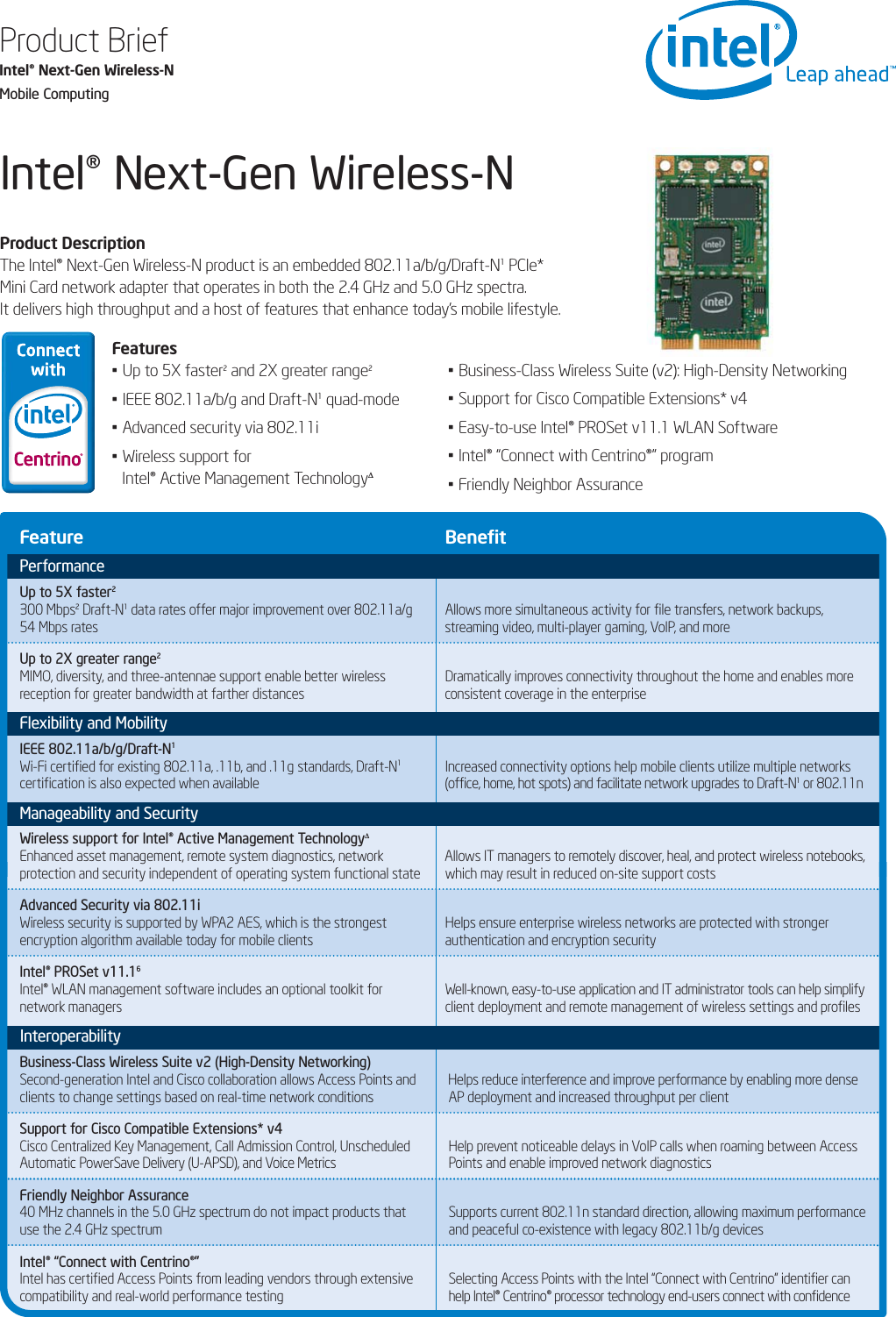 Features• Up to 5X faster2and 2X greater range2• IEEE 802.11a/b/g and Draft-N1quad-mode• Advanced security via 802.11i• Wireless support for Intel® Active Management Technology¨Intel® Next-Gen Wireless-NFeature BenefitPerformanceUp to 5X faster2300 Mbps2Draft-N1data rates offer major improvement over 802.11a/g  Allows more simultaneous activity for file transfers, network backups, 54 Mbps rates  streaming video, multi-player gaming, VoIP, and moreUp to 2X greater range2MIMO, diversity, and three-antennae support enable better wireless Dramatically improves connectivity throughout the home and enables more reception for greater bandwidth at farther distances consistent coverage in the enterpriseFlexibility and MobilityIEEE 802.11a/b/g/Draft-N1Wi-Fi certified for existing 802.11a, .11b, and .11g standards, Draft-N1Increased connectivity options help mobile clients utilize multiple networks certification is also expected when available (office, home, hot spots) and facilitate network upgrades to Draft-N1or 802.11nManageability and SecurityWireless support for Intel® Active Management Technology¨Enhanced asset management, remote system diagnostics, network  Allows IT managers to remotely discover, heal, and protect wireless notebooks, protection and security independent of operating system functional state  which may result in reduced on-site support costs Advanced Security via 802.11i Wireless security is supported by WPA2 AES, which is the strongest  Helps ensure enterprise wireless networks are protected with stronger encryption algorithm available today for mobile clients authentication and encryption securityIntel® PROSet v11.16Intel® WLAN management software includes an optional toolkit for  Well-known, easy-to-use application and IT administrator tools can help simplifynetwork managers client deployment and remote management of wireless settings and profiles InteroperabilityBusiness-Class Wireless Suite v2 (High-Density Networking) Second-generation Intel and Cisco collaboration allows Access Points and  Helps reduce interference and improve performance by enabling more dense clients to change settings based on real-time network conditions AP deployment and increased throughput per clientSupport for Cisco Compatible Extensions* v4Cisco Centralized Key Management, Call Admission Control, Unscheduled Help prevent noticeable delays in VoIP calls when roaming between Access Automatic PowerSave Delivery (U-APSD), and Voice Metrics  Points and enable improved network diagnosticsFriendly Neighbor Assurance 40 MHz channels in the 5.0 GHz spectrum do not impact products that  Supports current 802.11n standard direction, allowing maximum performanceuse the 2.4 GHz spectrum and peaceful co-existence with legacy 802.11b/g devicesIntel® “Connect with Centrino®” Intel has certified Access Points from leading vendors through extensive  Selecting Access Points with the Intel “Connect with Centrino” identifier can compatibility and real-world performance testing help Intel® Centrino® processor technology end-users connect with confidence • Business-Class Wireless Suite (v2): High-Density Networking• Support for Cisco Compatible Extensions* v4 • Easy-to-use Intel® PROSet v11.1 WLAN Software• Intel® “Connect with Centrino®” program• Friendly Neighbor AssuranceProduct BriefIntel® Next-Gen Wireless-NMobile ComputingProduct DescriptionThe Intel® Next-Gen Wireless-N product is an embedded 802.11a/b/g/Draft-N1PCIe*Mini Card network adapter that operates in both the 2.4 GHz and 5.0 GHz spectra.It delivers high throughput and a host of features that enhance today&apos;s mobile lifestyle.