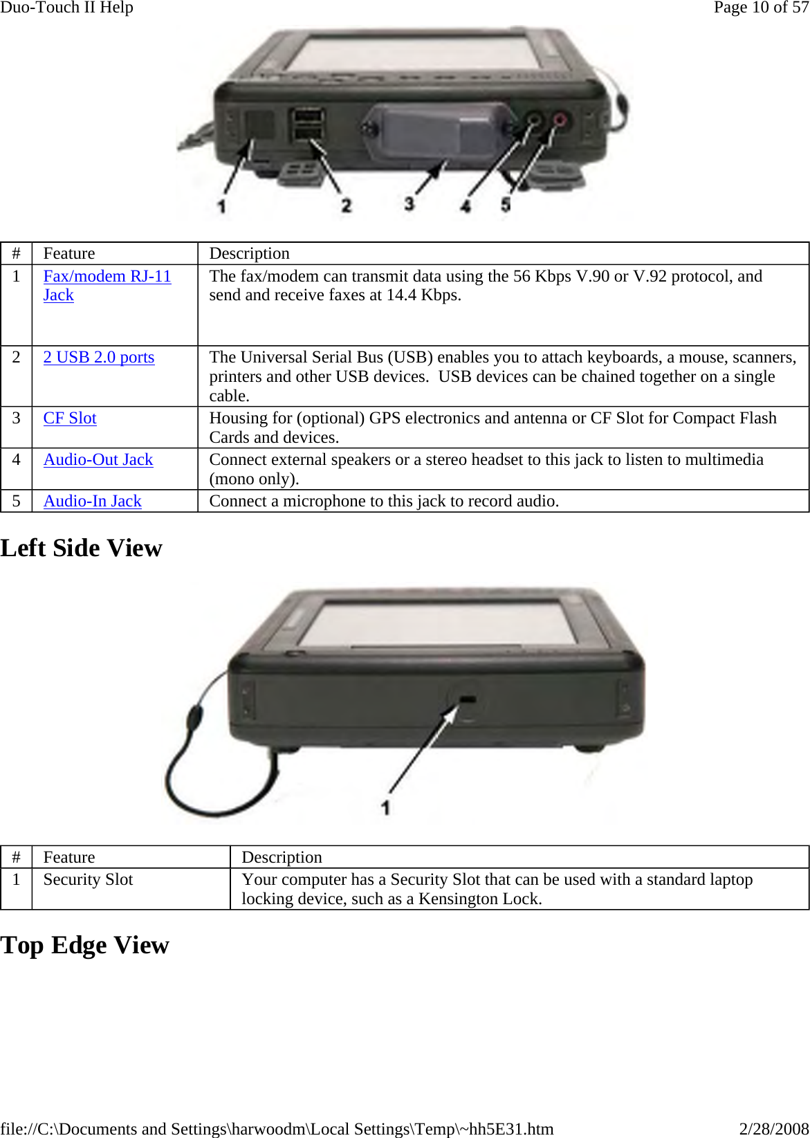  Left Side View  Top Edge View #  Feature  Description 1  Fax/modem RJ-11 Jack   The fax/modem can transmit data using the 56 Kbps V.90 or V.92 protocol, and send and receive faxes at 14.4 Kbps. 2  2 USB 2.0 ports The Universal Serial Bus (USB) enables you to attach keyboards, a mouse, scanners, printers and other USB devices.  USB devices can be chained together on a single cable. 3  CF Slot Housing for (optional) GPS electronics and antenna or CF Slot for Compact Flash Cards and devices. 4  Audio-Out Jack Connect external speakers or a stereo headset to this jack to listen to multimedia (mono only). 5  Audio-In Jack Connect a microphone to this jack to record audio. #  Feature  Description 1  Security Slot  Your computer has a Security Slot that can be used with a standard laptop locking device, such as a Kensington Lock. Page 10 of 57Duo-Touch II Help2/28/2008file://C:\Documents and Settings\harwoodm\Local Settings\Temp\~hh5E31.htm