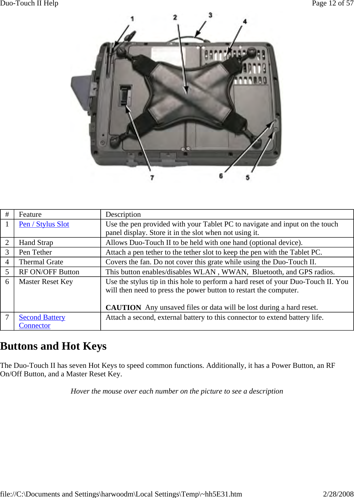    Buttons and Hot Keys The Duo-Touch II has seven Hot Keys to speed common functions. Additionally, it has a Power Button, an RF On/Off Button, and a Master Reset Key. Hover the mouse over each number on the picture to see a description #  Feature  Description 1  Pen / Stylus Slot Use the pen provided with your Tablet PC to navigate and input on the touch panel display. Store it in the slot when not using it. 2  Hand Strap  Allows Duo-Touch II to be held with one hand (optional device).  3  Pen Tether  Attach a pen tether to the tether slot to keep the pen with the Tablet PC. 4  Thermal Grate  Covers the fan. Do not cover this grate while using the Duo-Touch II. 5  RF ON/OFF Button  This button enables/disables WLAN , WWAN,  Bluetooth, and GPS radios. 6   Master Reset Key  Use the stylus tip in this hole to perform a hard reset of your Duo-Touch II. You will then need to press the power button to restart the computer. CAUTION  Any unsaved files or data will be lost during a hard reset. 7  Second Battery Connector Attach a second, external battery to this connector to extend battery life. Page 12 of 57Duo-Touch II Help2/28/2008file://C:\Documents and Settings\harwoodm\Local Settings\Temp\~hh5E31.htm
