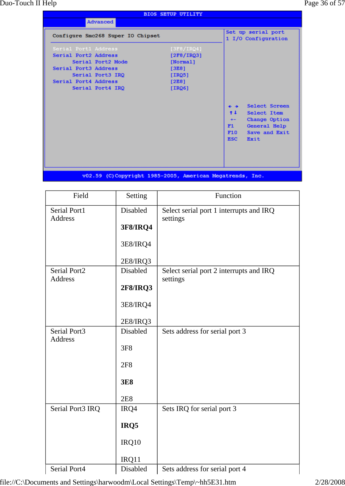  Field  Setting  Function Serial Port1 Address  Disabled 3F8/IRQ4 3E8/IRQ4 2E8/IRQ3 Select serial port 1 interrupts and IRQ settings Serial Port2 Address  Disabled 2F8/IRQ3 3E8/IRQ4 2E8/IRQ3 Select serial port 2 interrupts and IRQ settings Serial Port3 Address  Disabled 3F8 2F8 3E8 2E8 Sets address for serial port 3  Serial Port3 IRQ  IRQ4 IRQ5 IRQ10 IRQ11 Sets IRQ for serial port 3  Serial Port4  Disabled  Sets address for serial port 4 Page 36 of 57Duo-Touch II Help2/28/2008file://C:\Documents and Settings\harwoodm\Local Settings\Temp\~hh5E31.htm