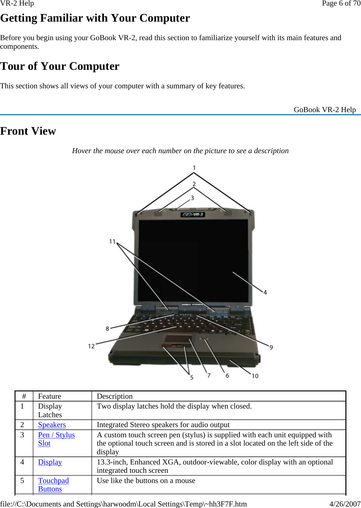 Getting Familiar with Your Computer Before you begin using your GoBook VR-2, read this section to familiarize yourself with its main features and components. Tour of Your Computer This section shows all views of your computer with a summary of key features. Front View Hover the mouse over each number on the picture to see a description  #  Feature  Description 1  Display Latches  Two display latches hold the display when closed. 2  Speakers Integrated Stereo speakers for audio output 3  Pen / Stylus Slot A custom touch screen pen (stylus) is supplied with each unit equipped with the optional touch screen and is stored in a slot located on the left side of the display 4  Display 13.3-inch, Enhanced XGA, outdoor-viewable, color display with an optional integrated touch screen 5  Touchpad Buttons Use like the buttons on a mouse    GoBook VR-2 Help Page 6 of 70VR-2 Help4/26/2007file://C:\Documents and Settings\harwoodm\Local Settings\Temp\~hh3F7F.htm