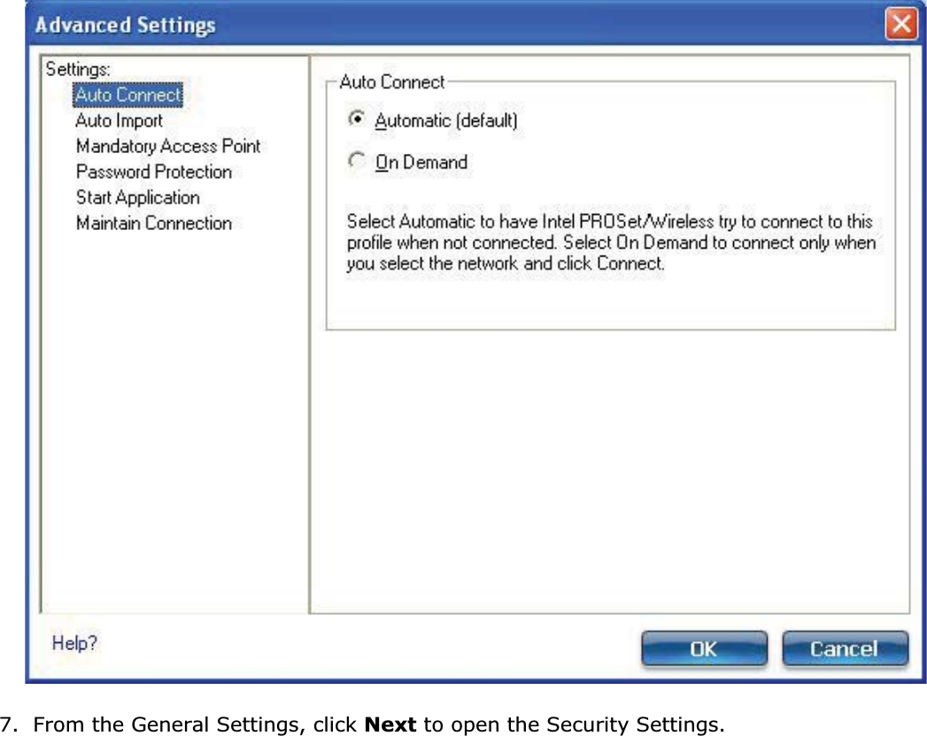 7. From the General Settings, click Next to open the Security Settings.