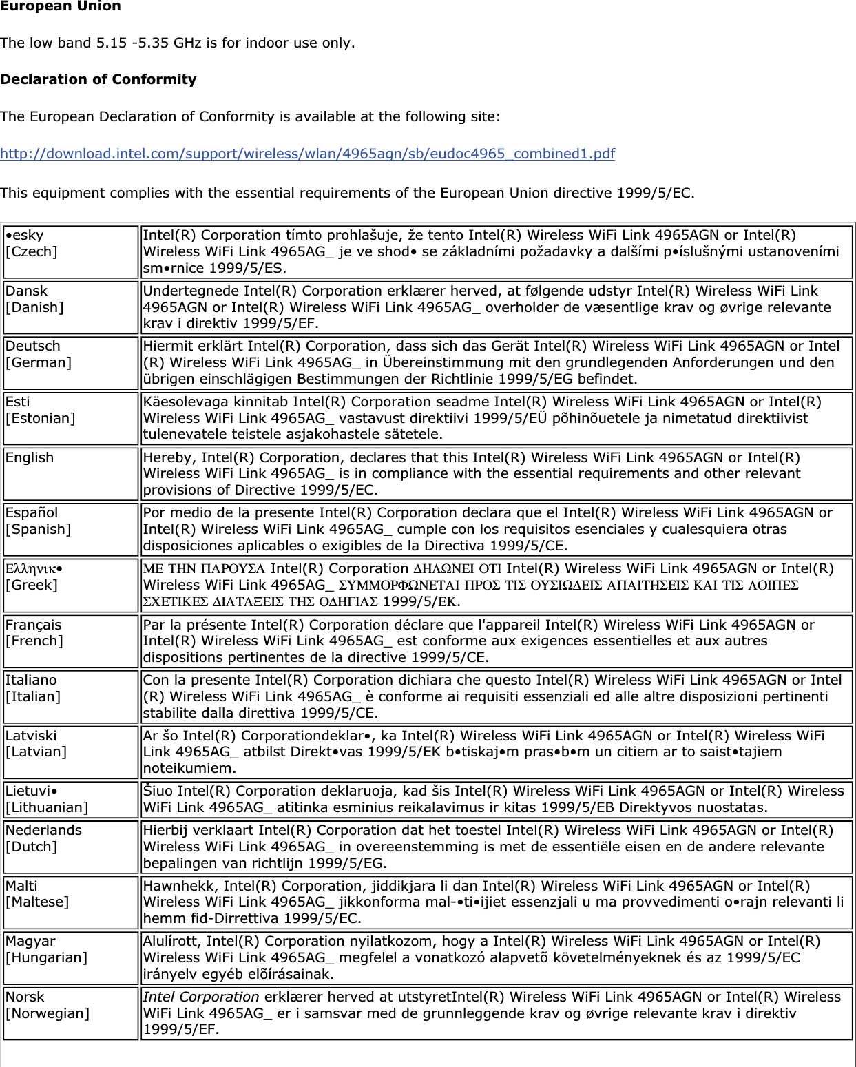 European Union The low band 5.15 -5.35 GHz is for indoor use only. Declaration of ConformityThe European Declaration of Conformity is available at the following site:http://download.intel.com/support/wireless/wlan/4965agn/sb/eudoc4965_combined1.pdfThis equipment complies with the essential requirements of the European Union directive 1999/5/EC. •esky[Czech] Intel(R) Corporation tímto prohlašuje, že tento Intel(R) Wireless WiFi Link 4965AGN or Intel(R) Wireless WiFi Link 4965AG_ je ve shod• se základními požadavky a dalšími p•íslušnými ustanoveními sm•rnice 1999/5/ES.Dansk[Danish] Undertegnede Intel(R) Corporation erklærer herved, at følgende udstyr Intel(R) Wireless WiFi Link 4965AGN or Intel(R) Wireless WiFi Link 4965AG_ overholder de væsentlige krav og øvrige relevante krav i direktiv 1999/5/EF.Deutsch[German] Hiermit erklärt Intel(R) Corporation, dass sich das Gerät Intel(R) Wireless WiFi Link 4965AGN or Intel(R) Wireless WiFi Link 4965AG_ in Übereinstimmung mit den grundlegenden Anforderungen und den übrigen einschlägigen Bestimmungen der Richtlinie 1999/5/EG befindet.Esti[Estonian] Käesolevaga kinnitab Intel(R) Corporation seadme Intel(R) Wireless WiFi Link 4965AGN or Intel(R) Wireless WiFi Link 4965AG_ vastavust direktiivi 1999/5/EÜ põhinõuetele ja nimetatud direktiivist tulenevatele teistele asjakohastele sätetele.English Hereby, Intel(R) Corporation, declares that this Intel(R) Wireless WiFi Link 4965AGN or Intel(R) Wireless WiFi Link 4965AG_ is in compliance with the essential requirements and other relevant provisions of Directive 1999/5/EC.Español[Spanish] Por medio de la presente Intel(R) Corporation declara que el Intel(R) Wireless WiFi Link 4965AGN or Intel(R) Wireless WiFi Link 4965AG_ cumple con los requisitos esenciales y cualesquiera otras disposiciones aplicables o exigibles de la Directiva 1999/5/CE.Ελληνικ•[Greek] ΜΕ ΤΗΝ ΠΑΡΟΥΣΑ Intel(R) Corporation ∆ΗΛΩΝΕΙ ΟΤΙ Intel(R) Wireless WiFi Link 4965AGN or Intel(R) Wireless WiFi Link 4965AG_ ΣΥΜΜΟΡΦΩΝΕΤΑΙ ΠΡΟΣ ΤΙΣ ΟΥΣΙΩ∆ΕΙΣ ΑΠΑΙΤΗΣΕΙΣ ΚΑΙ ΤΙΣ ΛΟΙΠΕΣΣΧΕΤΙΚΕΣ ∆ΙΑΤΑΞΕΙΣ ΤΗΣ Ο∆ΗΓΙΑΣ 1999/5/ΕΚ.Français[French] Par la présente Intel(R) Corporation déclare que l&apos;appareil Intel(R) Wireless WiFi Link 4965AGN or Intel(R) Wireless WiFi Link 4965AG_ est conforme aux exigences essentielles et aux autres dispositions pertinentes de la directive 1999/5/CE.Italiano[Italian] Con la presente Intel(R) Corporation dichiara che questo Intel(R) Wireless WiFi Link 4965AGN or Intel(R) Wireless WiFi Link 4965AG_ è conforme ai requisiti essenziali ed alle altre disposizioni pertinenti stabilite dalla direttiva 1999/5/CE.Latviski[Latvian] Ar šo Intel(R) Corporationdeklar•, ka Intel(R) Wireless WiFi Link 4965AGN or Intel(R) Wireless WiFi Link 4965AG_ atbilst Direkt•vas 1999/5/EK b•tiskaj•m pras•b•m un citiem ar to saist•tajiem noteikumiem.Lietuvi•[Lithuanian] Šiuo Intel(R) Corporation deklaruoja, kad šis Intel(R) Wireless WiFi Link 4965AGN or Intel(R) Wireless WiFi Link 4965AG_ atitinka esminius reikalavimus ir kitas 1999/5/EB Direktyvos nuostatas.Nederlands[Dutch] Hierbij verklaart Intel(R) Corporation dat het toestel Intel(R) Wireless WiFi Link 4965AGN or Intel(R) Wireless WiFi Link 4965AG_ in overeenstemming is met de essentiële eisen en de andere relevante bepalingen van richtlijn 1999/5/EG.Malti[Maltese] Hawnhekk, Intel(R) Corporation, jiddikjara li dan Intel(R) Wireless WiFi Link 4965AGN or Intel(R) Wireless WiFi Link 4965AG_ jikkonforma mal-•ti•ijiet essenzjali u ma provvedimenti o•rajn relevanti li hemm fid-Dirrettiva 1999/5/EC.Magyar[Hungarian] Alulírott, Intel(R) Corporation nyilatkozom, hogy a Intel(R) Wireless WiFi Link 4965AGN or Intel(R) Wireless WiFi Link 4965AG_ megfelel a vonatkozó alapvetõ követelményeknek és az 1999/5/EC irányelv egyéb elõírásainak.Norsk[Norwegian] Intel Corporation erklærer herved at utstyretIntel(R) Wireless WiFi Link 4965AGN or Intel(R) Wireless WiFi Link 4965AG_ er i samsvar med de grunnleggende krav og øvrige relevante krav i direktiv 1999/5/EF.