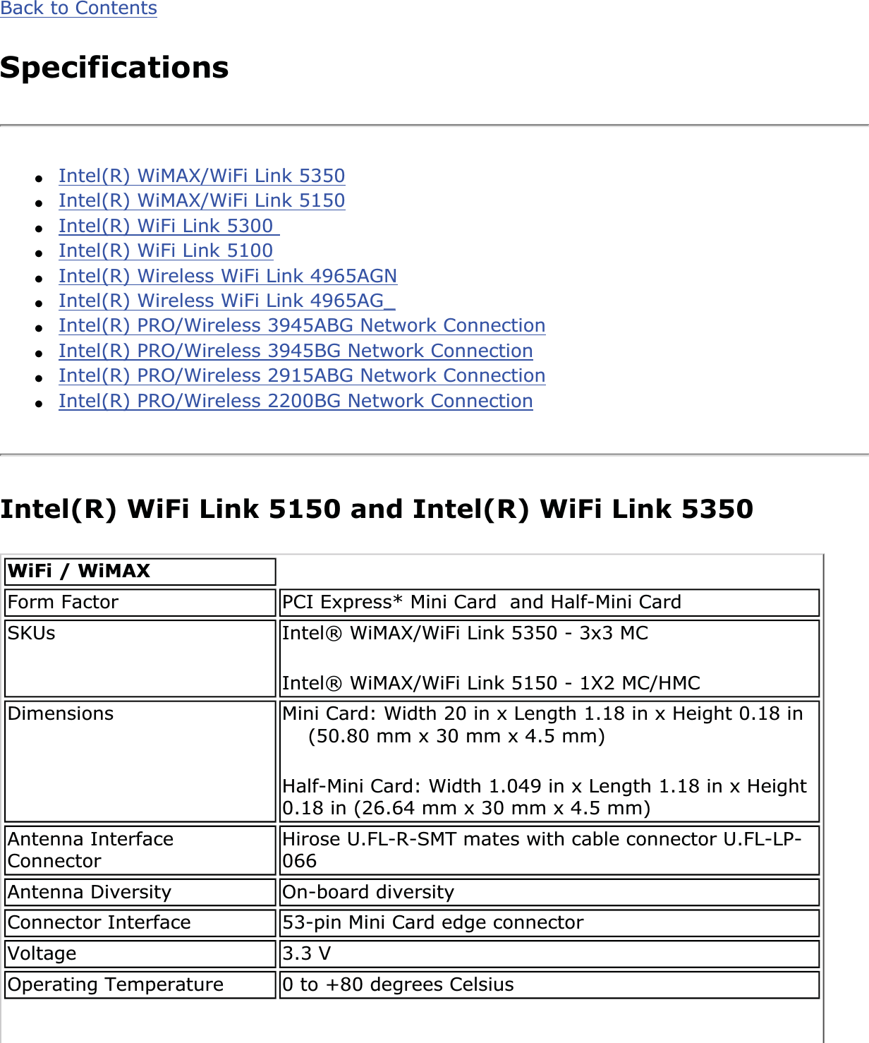 Back to ContentsSpecifications●Intel(R) WiMAX/WiFi Link 5350●Intel(R) WiMAX/WiFi Link 5150●Intel(R) WiFi Link 5300 ●Intel(R) WiFi Link 5100●Intel(R) Wireless WiFi Link 4965AGN●Intel(R) Wireless WiFi Link 4965AG_●Intel(R) PRO/Wireless 3945ABG Network Connection●Intel(R) PRO/Wireless 3945BG Network Connection●Intel(R) PRO/Wireless 2915ABG Network Connection●Intel(R) PRO/Wireless 2200BG Network ConnectionIntel(R) WiFi Link 5150 and Intel(R) WiFi Link 5350WiFi / WiMAXForm Factor PCI Express* Mini Card  and Half-Mini Card SKUs Intel® WiMAX/WiFi Link 5350 - 3x3 MCIntel® WiMAX/WiFi Link 5150 - 1X2 MC/HMCDimensions Mini Card: Width 20 in x Length 1.18 in x Height 0.18 in     (50.80 mm x 30 mm x 4.5 mm)Half-Mini Card: Width 1.049 in x Length 1.18 in x Height 0.18 in (26.64 mm x 30 mm x 4.5 mm)Antenna Interface Connector Hirose U.FL-R-SMT mates with cable connector U.FL-LP-066Antenna Diversity On-board diversityConnector Interface 53-pin Mini Card edge connectorVoltage 3.3 VOperating Temperature 0 to +80 degrees Celsius
