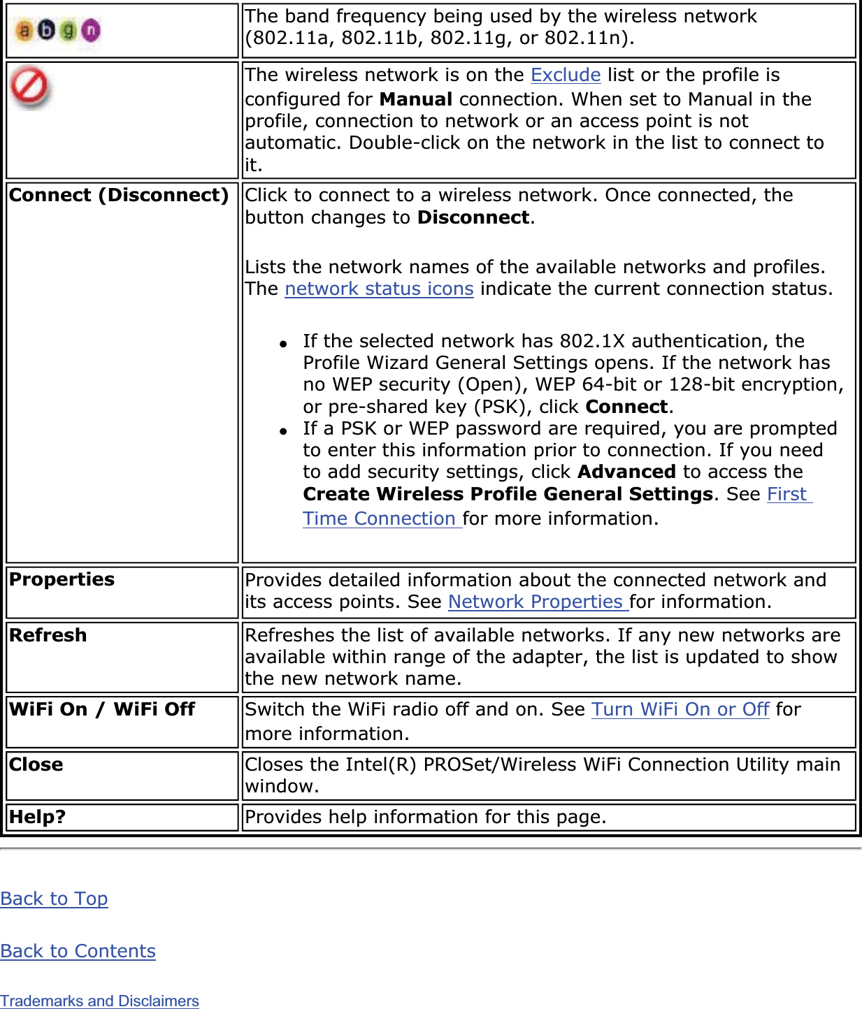 The band frequency being used by the wireless network (802.11a, 802.11b, 802.11g, or 802.11n).The wireless network is on the Exclude list or the profile is configured for Manual connection. When set to Manual in the profile, connection to network or an access point is not automatic. Double-click on the network in the list to connect to it.Connect (Disconnect)  Click to connect to a wireless network. Once connected, the button changes to Disconnect.Lists the network names of the available networks and profiles. The network status icons indicate the current connection status.●If the selected network has 802.1X authentication, the Profile Wizard General Settings opens. If the network has no WEP security (Open), WEP 64-bit or 128-bit encryption, or pre-shared key (PSK), click Connect.●If a PSK or WEP password are required, you are prompted to enter this information prior to connection. If you need to add security settings, click Advanced to access the Create Wireless Profile General Settings. See FirstTime Connection for more information.Properties Provides detailed information about the connected network and its access points. See Network Properties for information. Refresh Refreshes the list of available networks. If any new networks are available within range of the adapter, the list is updated to show the new network name. WiFi On / WiFi Off  Switch the WiFi radio off and on. See Turn WiFi On or Off for more information.Close Closes the Intel(R) PROSet/Wireless WiFi Connection Utility main window.Help? Provides help information for this page. Back to TopBack to ContentsTrademarks and Disclaimers