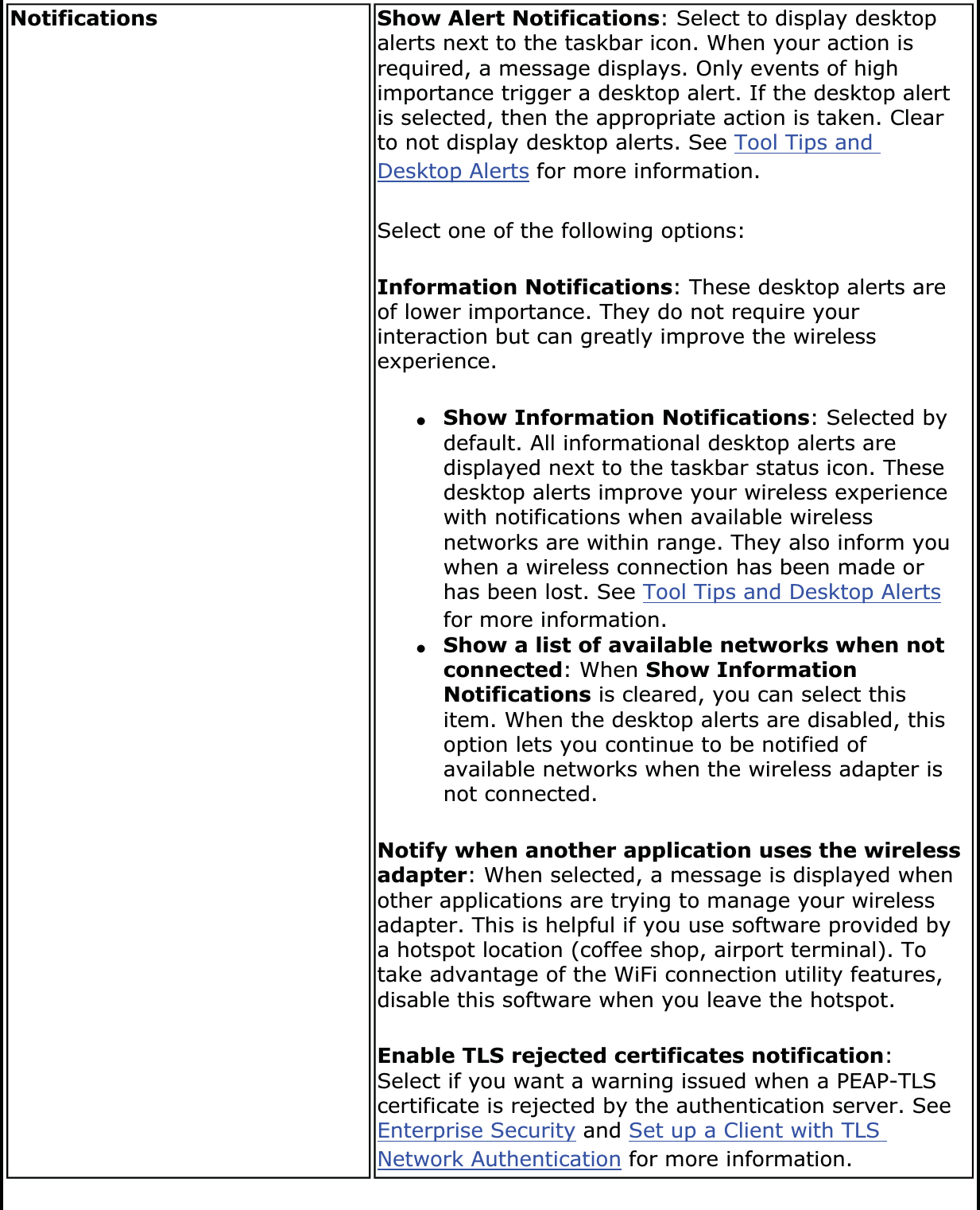 Notifications Show Alert Notifications: Select to display desktop alerts next to the taskbar icon. When your action is required, a message displays. Only events of high importance trigger a desktop alert. If the desktop alert is selected, then the appropriate action is taken. Clear to not display desktop alerts. See Tool Tips and Desktop Alerts for more information.Select one of the following options:Information Notifications: These desktop alerts are of lower importance. They do not require your interaction but can greatly improve the wireless experience.●Show Information Notifications: Selected by default. All informational desktop alerts are displayed next to the taskbar status icon. These desktop alerts improve your wireless experience with notifications when available wireless networks are within range. They also inform you when a wireless connection has been made or has been lost. See Tool Tips and Desktop Alertsfor more information.●Show a list of available networks when not connected: When Show Information Notifications is cleared, you can select this item. When the desktop alerts are disabled, this option lets you continue to be notified of available networks when the wireless adapter is not connected.Notify when another application uses the wireless adapter: When selected, a message is displayed when other applications are trying to manage your wireless adapter. This is helpful if you use software provided by a hotspot location (coffee shop, airport terminal). To take advantage of the WiFi connection utility features, disable this software when you leave the hotspot.Enable TLS rejected certificates notification:Select if you want a warning issued when a PEAP-TLS certificate is rejected by the authentication server. See Enterprise Security and Set up a Client with TLS Network Authentication for more information.
