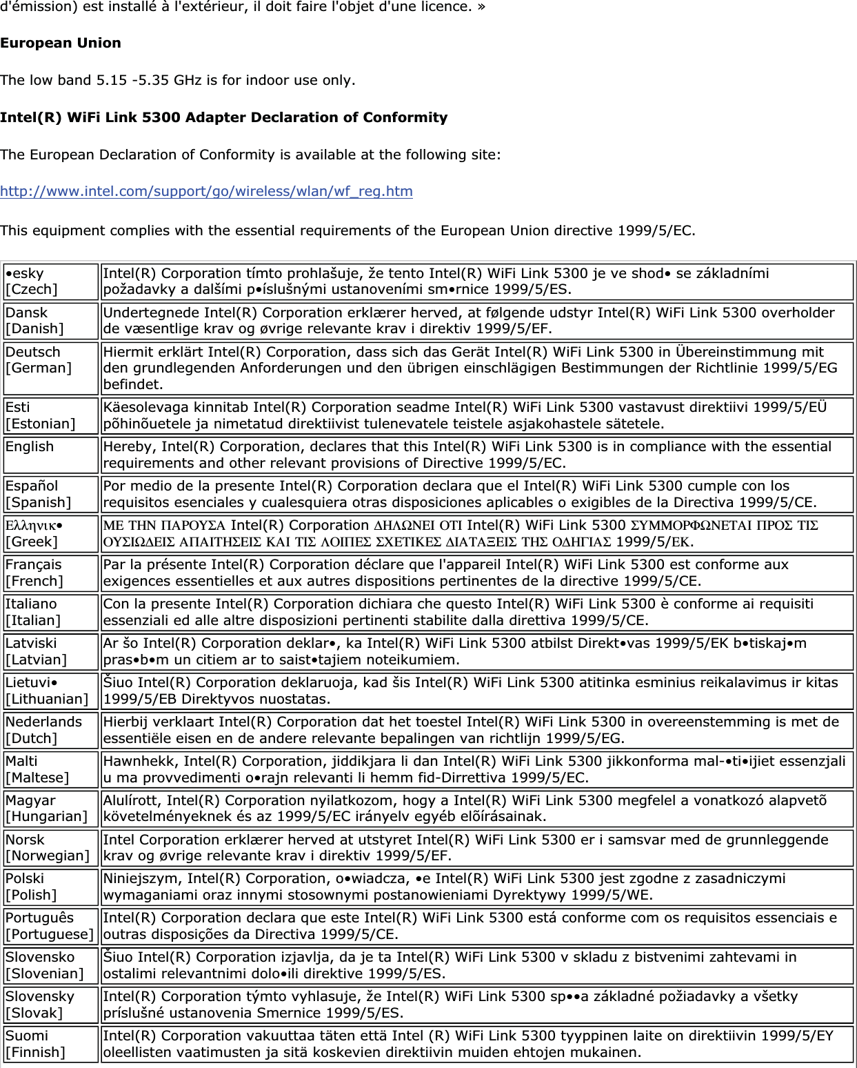 d&apos;émission) est installé à l&apos;extérieur, il doit faire l&apos;objet d&apos;une licence. » European Union The low band 5.15 -5.35 GHz is for indoor use only. Intel(R) WiFi Link 5300 Adapter Declaration of ConformityThe European Declaration of Conformity is available at the following site:http://www.intel.com/support/go/wireless/wlan/wf_reg.htmThis equipment complies with the essential requirements of the European Union directive 1999/5/EC.•esky[Czech] Intel(R) Corporation tímto prohlašuje, že tento Intel(R) WiFi Link 5300 je ve shod• se základními požadavky a dalšími p•íslušnými ustanoveními sm•rnice 1999/5/ES.Dansk[Danish] Undertegnede Intel(R) Corporation erklærer herved, at følgende udstyr Intel(R) WiFi Link 5300 overholder de væsentlige krav og øvrige relevante krav i direktiv 1999/5/EF.Deutsch[German] Hiermit erklärt Intel(R) Corporation, dass sich das Gerät Intel(R) WiFi Link 5300 in Übereinstimmung mit den grundlegenden Anforderungen und den übrigen einschlägigen Bestimmungen der Richtlinie 1999/5/EG befindet.Esti[Estonian] Käesolevaga kinnitab Intel(R) Corporation seadme Intel(R) WiFi Link 5300 vastavust direktiivi 1999/5/EÜ põhinõuetele ja nimetatud direktiivist tulenevatele teistele asjakohastele sätetele.English Hereby, Intel(R) Corporation, declares that this Intel(R) WiFi Link 5300 is in compliance with the essential requirements and other relevant provisions of Directive 1999/5/EC.Español[Spanish] Por medio de la presente Intel(R) Corporation declara que el Intel(R) WiFi Link 5300 cumple con los requisitos esenciales y cualesquiera otras disposiciones aplicables o exigibles de la Directiva 1999/5/CE. Ελληνικ•[Greek] ΜΕ ΤΗΝ ΠΑΡΟΥΣΑ Intel(R) Corporation ∆ΗΛΩΝΕΙ ΟΤΙ Intel(R) WiFi Link 5300 ΣΥΜΜΟΡΦΩΝΕΤΑΙ ΠΡΟΣ ΤΙΣΟΥΣΙΩ∆ΕΙΣ ΑΠΑΙΤΗΣΕΙΣ ΚΑΙ ΤΙΣ ΛΟΙΠΕΣ ΣΧΕΤΙΚΕΣ ∆ΙΑΤΑΞΕΙΣ ΤΗΣ Ο∆ΗΓΙΑΣ 1999/5/ΕΚ.Français[French] Par la présente Intel(R) Corporation déclare que l&apos;appareil Intel(R) WiFi Link 5300 est conforme aux exigences essentielles et aux autres dispositions pertinentes de la directive 1999/5/CE. Italiano[Italian] Con la presente Intel(R) Corporation dichiara che questo Intel(R) WiFi Link 5300 è conforme ai requisiti essenziali ed alle altre disposizioni pertinenti stabilite dalla direttiva 1999/5/CE. Latviski[Latvian] Ar šo Intel(R) Corporation deklar•, ka Intel(R) WiFi Link 5300 atbilst Direkt•vas 1999/5/EK b•tiskaj•m pras•b•m un citiem ar to saist•tajiem noteikumiem.Lietuvi•[Lithuanian] Šiuo Intel(R) Corporation deklaruoja, kad šis Intel(R) WiFi Link 5300 atitinka esminius reikalavimus ir kitas 1999/5/EB Direktyvos nuostatas.Nederlands[Dutch] Hierbij verklaart Intel(R) Corporation dat het toestel Intel(R) WiFi Link 5300 in overeenstemming is met de essentiële eisen en de andere relevante bepalingen van richtlijn 1999/5/EG. Malti[Maltese] Hawnhekk, Intel(R) Corporation, jiddikjara li dan Intel(R) WiFi Link 5300 jikkonforma mal-•ti•ijiet essenzjali u ma provvedimenti o•rajn relevanti li hemm fid-Dirrettiva 1999/5/EC.Magyar[Hungarian] Alulírott, Intel(R) Corporation nyilatkozom, hogy a Intel(R) WiFi Link 5300 megfelel a vonatkozó alapvetõ követelményeknek és az 1999/5/EC irányelv egyéb elõírásainak.Norsk[Norwegian] Intel Corporation erklærer herved at utstyret Intel(R) WiFi Link 5300 er i samsvar med de grunnleggende krav og øvrige relevante krav i direktiv 1999/5/EF.Polski[Polish] Niniejszym, Intel(R) Corporation, o•wiadcza, •e Intel(R) WiFi Link 5300 jest zgodne z zasadniczymi wymaganiami oraz innymi stosownymi postanowieniami Dyrektywy 1999/5/WE.Português[Portuguese] Intel(R) Corporation declara que este Intel(R) WiFi Link 5300 está conforme com os requisitos essenciais e outras disposições da Directiva 1999/5/CE. Slovensko[Slovenian] Šiuo Intel(R) Corporation izjavlja, da je ta Intel(R) WiFi Link 5300 v skladu z bistvenimi zahtevami in ostalimi relevantnimi dolo•ili direktive 1999/5/ES.Slovensky[Slovak] Intel(R) Corporation týmto vyhlasuje, že Intel(R) WiFi Link 5300 sp••a základné požiadavky a všetky príslušné ustanovenia Smernice 1999/5/ES.Suomi[Finnish] Intel(R) Corporation vakuuttaa täten että Intel (R) WiFi Link 5300 tyyppinen laite on direktiivin 1999/5/EY oleellisten vaatimusten ja sitä koskevien direktiivin muiden ehtojen mukainen. 