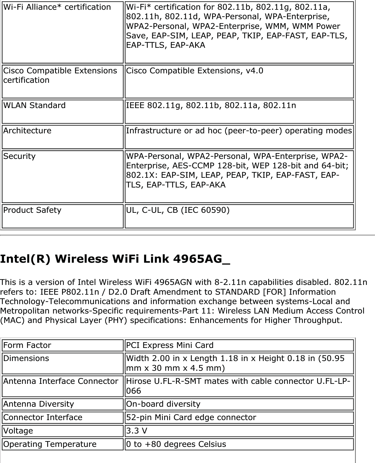 Wi-Fi Alliance* certification Wi-Fi* certification for 802.11b, 802.11g, 802.11a, 802.11h, 802.11d, WPA-Personal, WPA-Enterprise, WPA2-Personal, WPA2-Enterprise, WMM, WMM Power Save, EAP-SIM, LEAP, PEAP, TKIP, EAP-FAST, EAP-TLS, EAP-TTLS, EAP-AKACisco Compatible Extensions certification Cisco Compatible Extensions, v4.0WLAN Standard IEEE 802.11g, 802.11b, 802.11a, 802.11nArchitecture Infrastructure or ad hoc (peer-to-peer) operating modesSecurity WPA-Personal, WPA2-Personal, WPA-Enterprise, WPA2-Enterprise, AES-CCMP 128-bit, WEP 128-bit and 64-bit; 802.1X: EAP-SIM, LEAP, PEAP, TKIP, EAP-FAST, EAP-TLS, EAP-TTLS, EAP-AKAProduct Safety UL, C-UL, CB (IEC 60590)Intel(R) Wireless WiFi Link 4965AG_This is a version of Intel Wireless WiFi 4965AGN with 8-2.11n capabilities disabled. 802.11n refers to: IEEE P802.11n / D2.0 Draft Amendment to STANDARD [FOR] Information Technology-Telecommunications and information exchange between systems-Local and Metropolitan networks-Specific requirements-Part 11: Wireless LAN Medium Access Control (MAC) and Physical Layer (PHY) specifications: Enhancements for Higher Throughput.Form Factor PCI Express Mini CardDimensions Width 2.00 in x Length 1.18 in x Height 0.18 in (50.95 mm x 30 mm x 4.5 mm)Antenna Interface Connector Hirose U.FL-R-SMT mates with cable connector U.FL-LP-066Antenna Diversity On-board diversityConnector Interface 52-pin Mini Card edge connectorVoltage 3.3 VOperating Temperature 0 to +80 degrees Celsius