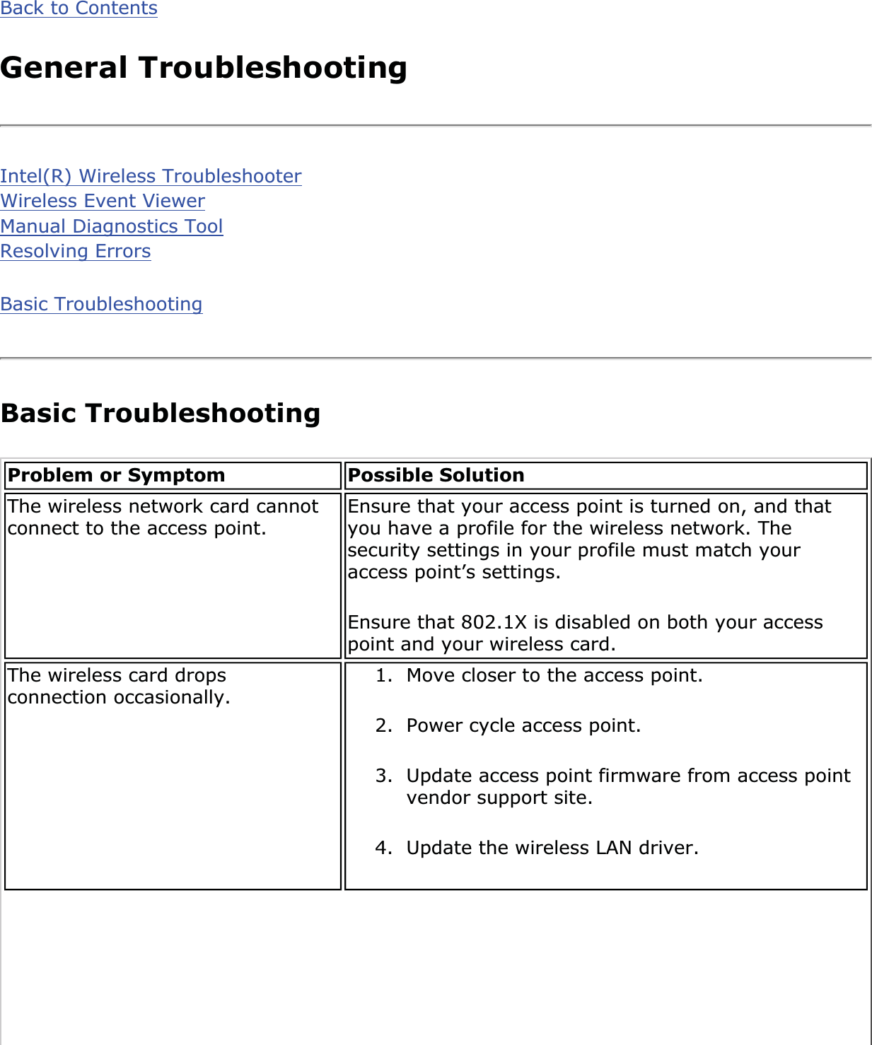 Back to ContentsGeneral TroubleshootingIntel(R) Wireless TroubleshooterWireless Event ViewerManual Diagnostics ToolResolving ErrorsBasic TroubleshootingBasic Troubleshooting Problem or Symptom Possible SolutionThe wireless network card cannot connect to the access point. Ensure that your access point is turned on, and that you have a profile for the wireless network. The security settings in your profile must match your access point’s settings.Ensure that 802.1X is disabled on both your access point and your wireless card.The wireless card drops connection occasionally. 1. Move closer to the access point.2. Power cycle access point.3. Update access point firmware from access point vendor support site.4. Update the wireless LAN driver.