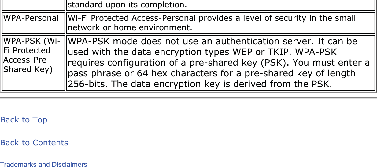 standard upon its completion.WPA-Personal Wi-Fi Protected Access-Personal provides a level of security in the small network or home environment.WPA-PSK (Wi-Fi Protected Access-Pre-Shared Key)WPA-PSK mode does not use an authentication server. It can be used with the data encryption types WEP or TKIP. WPA-PSK requires configuration of a pre-shared key (PSK). You must enter a pass phrase or 64 hex characters for a pre-shared key of length 256-bits. The data encryption key is derived from the PSK.Back to TopBack to ContentsTrademarks and Disclaimers