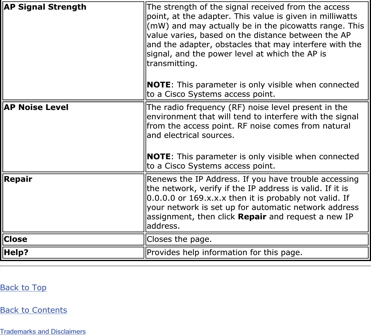 AP Signal Strength The strength of the signal received from the access point, at the adapter. This value is given in milliwatts (mW) and may actually be in the picowatts range. This value varies, based on the distance between the AP and the adapter, obstacles that may interfere with the signal, and the power level at which the AP is transmitting.NOTE: This parameter is only visible when connected to a Cisco Systems access point.AP Noise Level The radio frequency (RF) noise level present in the environment that will tend to interfere with the signal from the access point. RF noise comes from natural and electrical sources. NOTE: This parameter is only visible when connected to a Cisco Systems access point.Repair Renews the IP Address. If you have trouble accessing the network, verify if the IP address is valid. If it is 0.0.0.0 or 169.x.x.x then it is probably not valid. If your network is set up for automatic network address assignment, then click Repair and request a new IP address.Close Closes the page.Help? Provides help information for this page.Back to TopBack to ContentsTrademarks and Disclaimers