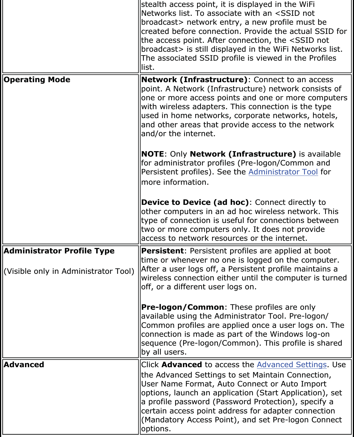 stealth access point, it is displayed in the WiFi Networks list. To associate with an &lt;SSID not broadcast&gt; network entry, a new profile must be created before connection. Provide the actual SSID for the access point. After connection, the &lt;SSID not broadcast&gt; is still displayed in the WiFi Networks list. The associated SSID profile is viewed in the Profiles list.Operating Mode Network (Infrastructure): Connect to an access point. A Network (Infrastructure) network consists of one or more access points and one or more computers with wireless adapters. This connection is the type used in home networks, corporate networks, hotels, and other areas that provide access to the network and/or the internet.NOTE: Only Network (Infrastructure) is available for administrator profiles (Pre-logon/Common and Persistent profiles). See the Administrator Tool for more information.Device to Device (ad hoc): Connect directly to other computers in an ad hoc wireless network. This type of connection is useful for connections between two or more computers only. It does not provide access to network resources or the internet.Administrator Profile Type(Visible only in Administrator Tool) Persistent: Persistent profiles are applied at boot time or whenever no one is logged on the computer. After a user logs off, a Persistent profile maintains a wireless connection either until the computer is turned off, or a different user logs on.Pre-logon/Common: These profiles are only available using the Administrator Tool. Pre-logon/Common profiles are applied once a user logs on. The connection is made as part of the Windows log-on sequence (Pre-logon/Common). This profile is shared by all users.Advanced Click Advanced to access the Advanced Settings. Use the Advanced Settings to set Maintain Connection, User Name Format, Auto Connect or Auto Import options, launch an application (Start Application), set a profile password (Password Protection), specify a certain access point address for adapter connection (Mandatory Access Point), and set Pre-logon Connect options.