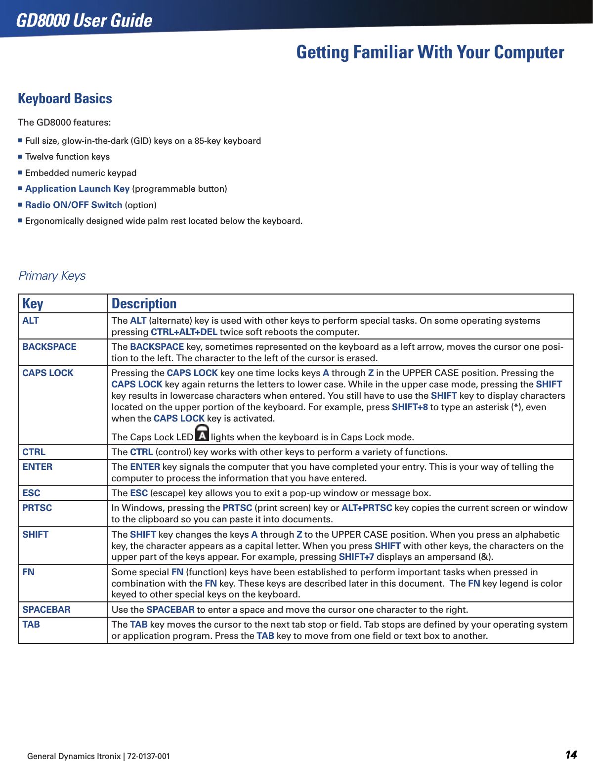 GD8000 User GuideKeyboard BasicsGeneral Dynamics Itronix | 72-0137-001   The GD8000 features:  Full size, glow-in-the-dark (GID) keys on a 85-key keyboard Twelve function keys Embedded numeric keypad Application Launch Key (programmable button) Radio ON/OFF Switch (option) Ergonomically designed wide palm rest located below the keyboard.Key DescriptionALT The ALT (alternate) key is used with other keys to perform special tasks. On some operating systems pressing CTRL+ALT+DEL twice soft reboots the computer.BACKSPACE The BACKSPACE key, sometimes represented on the keyboard as a left arrow, moves the cursor one posi-tion to the left. The character to the left of the cursor is erased.CAPS LOCK Pressing the CAPS LOCK key one time locks keys A through Z in the UPPER CASE position. Pressing the CAPS LOCK key again returns the letters to lower case. While in the upper case mode, pressing the SHIFT key results in lowercase characters when entered. You still have to use the SHIFT key to display characters located on the upper portion of the keyboard. For example, press SHIFT+8 to type an asterisk (*), even when the CAPS LOCK key is activated.The Caps Lock LED   lights when the keyboard is in Caps Lock mode.CTRL The CTRL (control) key works with other keys to perform a variety of functions.ENTER The ENTER key signals the computer that you have completed your entry. This is your way of telling the computer to process the information that you have entered.ESC The ESC (escape) key allows you to exit a pop-up window or message box.PRTSC In Windows, pressing the PRTSC (print screen) key or ALT+PRTSC key copies the current screen or window to the clipboard so you can paste it into documents.SHIFT The SHIFT key changes the keys A through Z to the UPPER CASE position. When you press an alphabetic key, the character appears as a capital letter. When you press SHIFT with other keys, the characters on the upper part of the keys appear. For example, pressing SHIFT+7 displays an ampersand (&amp;).FN Some special FN (function) keys have been established to perform important tasks when pressed in combination with the FN key. These keys are described later in this document.  The FN key legend is color keyed to other special keys on the keyboard.SPACEBAR Use the SPACEBAR to enter a space and move the cursor one character to the right.TAB The TAB key moves the cursor to the next tab stop or ﬁeld. Tab stops are deﬁned by your operating system or application program. Press the TAB key to move from one ﬁeld or text box to another.Primary KeysGetting Familiar With Your Computer