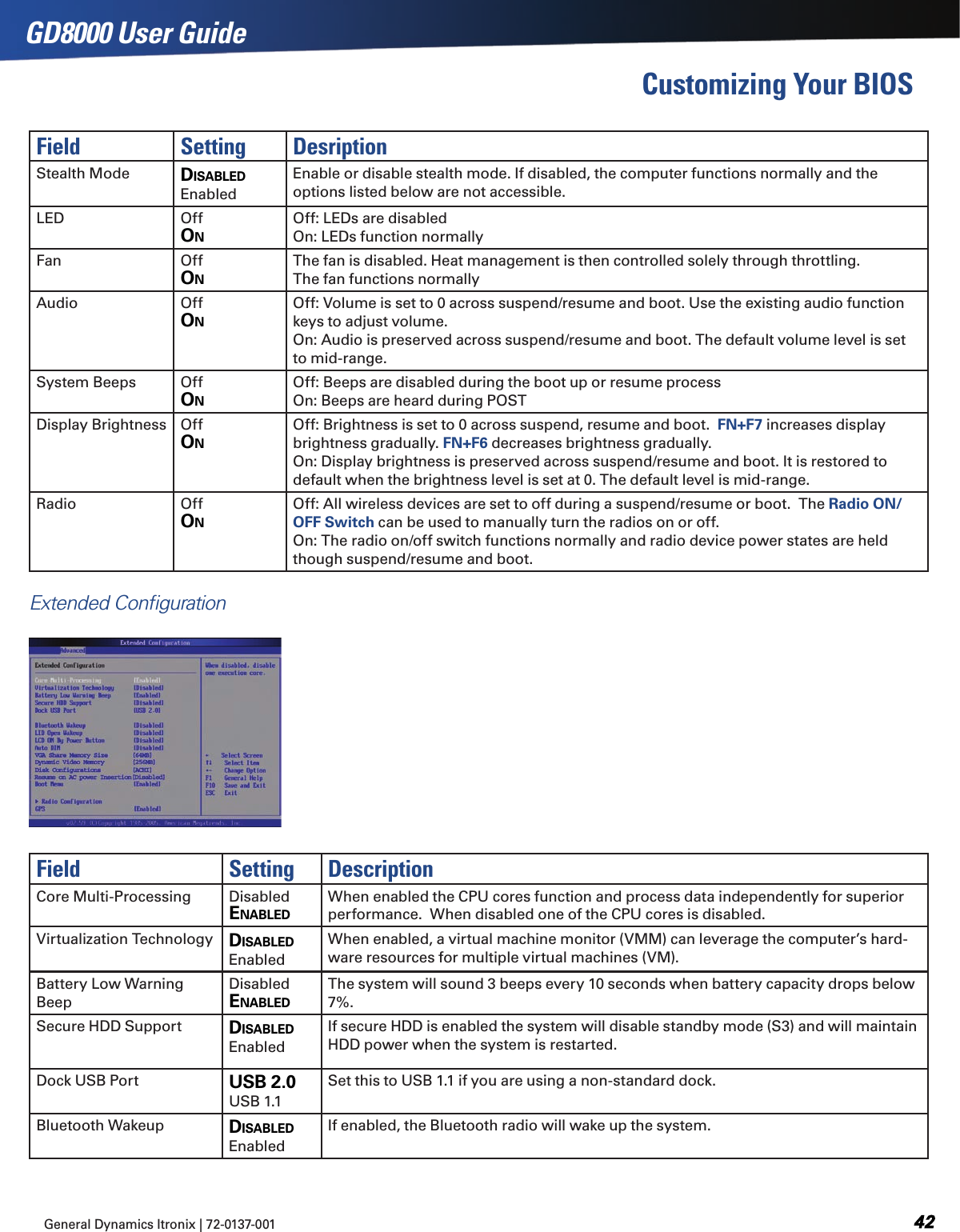 GD8000 User GuideCustomizing Your BIOSGeneral Dynamics Itronix | 72-0137-001  Field Setting DesriptionStealth Mode dISABLEd EnabledEnable or disable stealth mode. If disabled, the computer functions normally and the options listed below are not accessible.LED Off ONOff: LEDs are disabled On: LEDs function normallyFan Off ONThe fan is disabled. Heat management is then controlled solely through throttling. The fan functions normallyAudio Off  ONOff: Volume is set to 0 across suspend/resume and boot. Use the existing audio function keys to adjust volume. On: Audio is preserved across suspend/resume and boot. The default volume level is set to mid-range.System Beeps Off  ONOff: Beeps are disabled during the boot up or resume process On: Beeps are heard during POSTDisplay Brightness Off ONOff: Brightness is set to 0 across suspend, resume and boot.  FN+F7 increases display brightness gradually. FN+F6 decreases brightness gradually.On: Display brightness is preserved across suspend/resume and boot. It is restored to default when the brightness level is set at 0. The default level is mid-range.Radio Off  ONOff: All wireless devices are set to off during a suspend/resume or boot.  The Radio ON/OFF Switch can be used to manually turn the radios on or off. On: The radio on/off switch functions normally and radio device power states are held though suspend/resume and boot.Extended ConﬁgurationField Setting DescriptionCore Multi-Processing Disabled ENABLEdWhen enabled the CPU cores function and process data independently for superior performance.  When disabled one of the CPU cores is disabled.Virtualization Technology dISABLEdEnabledWhen enabled, a virtual machine monitor (VMM) can leverage the computer’s hard-ware resources for multiple virtual machines (VM).Battery Low Warning Beep Disabled ENABLEdThe system will sound 3 beeps every 10 seconds when battery capacity drops below 7%.Secure HDD Support dISABLEdEnabledIf secure HDD is enabled the system will disable standby mode (S3) and will maintain HDD power when the system is restarted. Dock USB Port USB 2.0 USB 1.1Set this to USB 1.1 if you are using a non-standard dock.Bluetooth Wakeup dISABLEd EnabledIf enabled, the Bluetooth radio will wake up the system.