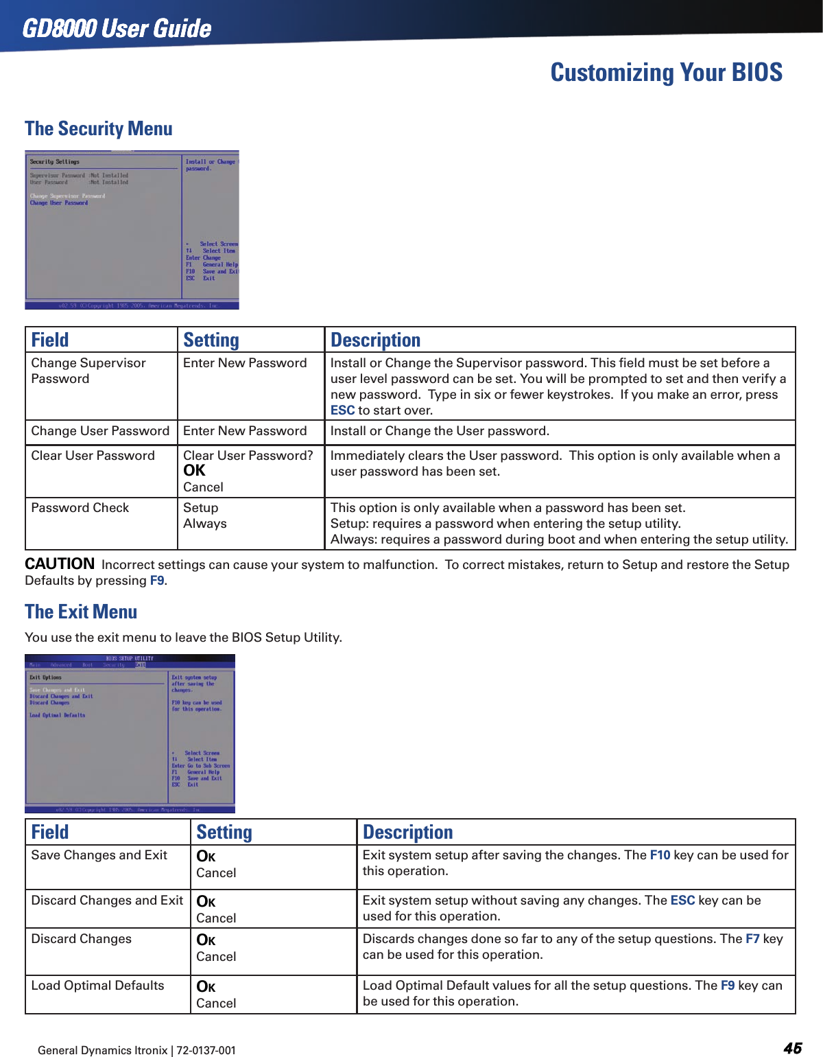 General Dynamics Itronix | 72-0137-001  GD8000 User GuideGD8000 User GuideGD8000 User GuideCustomizing Your BIOSThe Security MenuField Setting DescriptionChange Supervisor PasswordEnter New Password Install or Change the Supervisor password. This ﬁeld must be set before a user level password can be set. You will be prompted to set and then verify a new password.  Type in six or fewer keystrokes.  If you make an error, press ESC to start over.Change User Password Enter New Password Install or Change the User password.Clear User Password Clear User Password? OKCancelImmediately clears the User password.  This option is only available when a user password has been set.Password Check Setup AlwaysThis option is only available when a password has been set. Setup: requires a password when entering the setup utility.   Always: requires a password during boot and when entering the setup utility. CAUTION  Incorrect settings can cause your system to malfunction.  To correct mistakes, return to Setup and restore the Setup Defaults by pressing F9.The Exit MenuYou use the exit menu to leave the BIOS Setup Utility.Field Setting DescriptionSave Changes and Exit OKCancelExit system setup after saving the changes. The F10 key can be used for this operation.Discard Changes and Exit OKCancelExit system setup without saving any changes. The ESC key can be used for this operation.Discard Changes OKCancelDiscards changes done so far to any of the setup questions. The F7 key can be used for this operation.Load Optimal Defaults OKCancelLoad Optimal Default values for all the setup questions. The F9 key can be used for this operation.