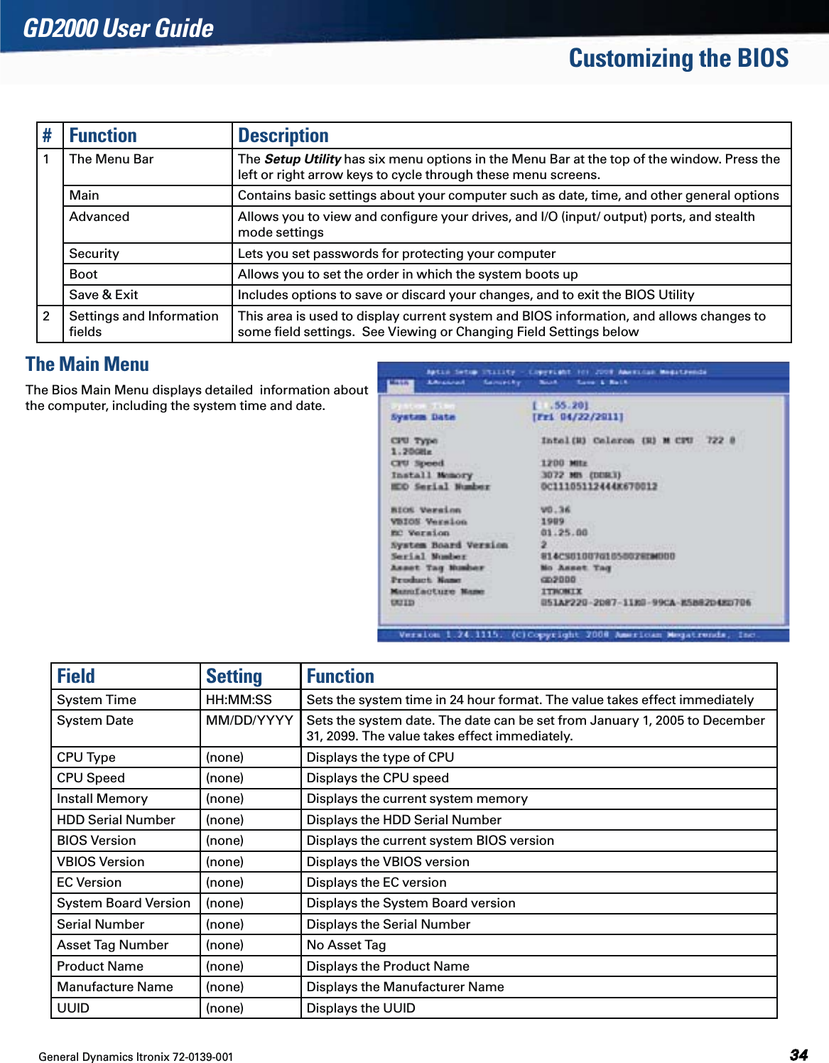 General Dynamics Itronix 72-0139-001  GD2000 User GuideCustomizing the BIOS#Function Description1 The Menu Bar The Setup Utility has six menu options in the Menu Bar at the top of the window. Press the left or right arrow keys to cycle through these menu screens. Main Contains basic settings about your computer such as date, time, and other general optionsAdvanced Allows you to view and conﬁgure your drives, and I/O (input/ output) ports, and stealth mode settingsSecurity Lets you set passwords for protecting your computerBoot Allows you to set the order in which the system boots upSave &amp; Exit Includes options to save or discard your changes, and to exit the BIOS Utility2 Settings and Information ﬁeldsThis area is used to display current system and BIOS information, and allows changes to some ﬁeld settings.  See Viewing or Changing Field Settings belowThe Main MenuThe Bios Main Menu displays detailed  information about  the computer, including the system time and date.Field Setting FunctionSystem Time HH:MM:SS  Sets the system time in 24 hour format. The value takes effect immediatelySystem Date MM/DD/YYYY Sets the system date. The date can be set from January 1, 2005 to December 31, 2099. The value takes effect immediately.CPU Type (none) Displays the type of CPU CPU Speed (none) Displays the CPU speedInstall Memory (none) Displays the current system memoryHDD Serial Number (none) Displays the HDD Serial NumberBIOS Version (none) Displays the current system BIOS versionVBIOS Version (none) Displays the VBIOS versionEC Version (none) Displays the EC versionSystem Board Version (none) Displays the System Board versionSerial Number (none) Displays the Serial NumberAsset Tag Number (none) No Asset TagProduct Name (none) Displays the Product NameManufacture Name  (none) Displays the Manufacturer NameUUID (none) Displays the UUID