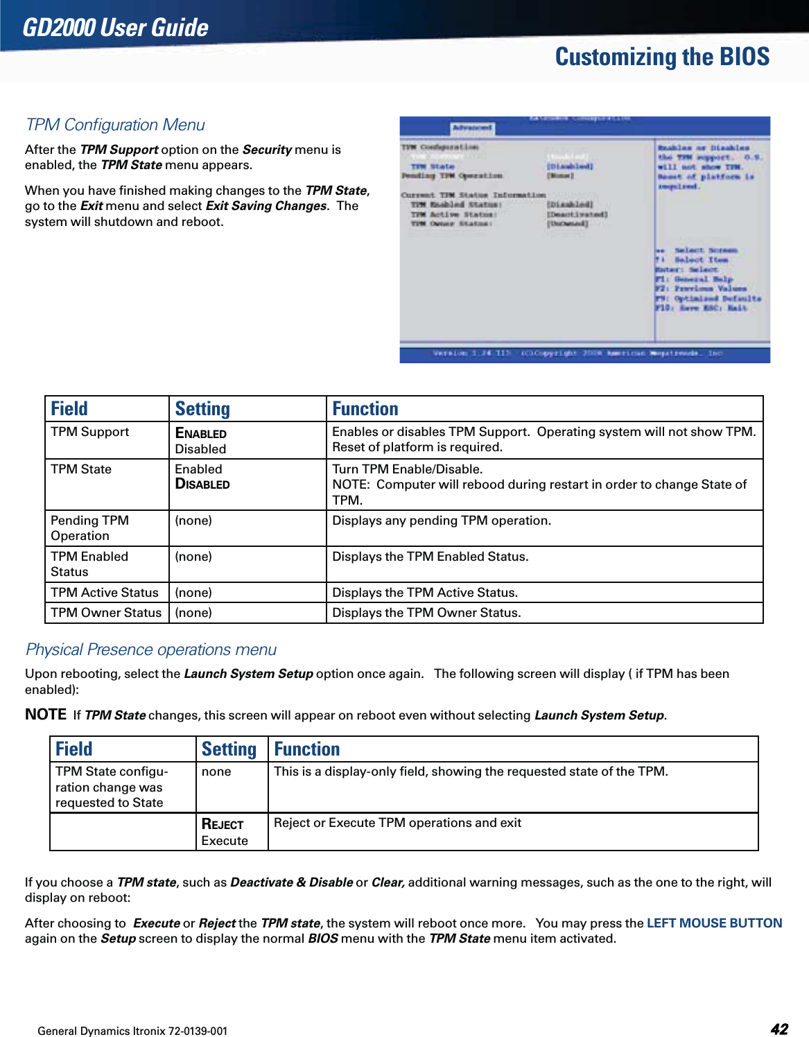 General Dynamics Itronix 72-0139-001  GD2000 User GuideCustomizing the BIOSTPM Conﬁguration MenuAfter the TPM Support option on the Security menu is                  enabled, the TPM State menu appears.When you have ﬁnished making changes to the TPM State,  go to the Exit menu and select Exit Saving Changes.  The  system will shutdown and reboot.Field Setting FunctionTPM Support ENABLED DisabledEnables or disables TPM Support.  Operating system will not show TPM.  Reset of platform is required.TPM State Enabled DISABLEDTurn TPM Enable/Disable. NOTE:  Computer will rebood during restart in order to change State of TPM.Pending TPM Operation(none) Displays any pending TPM operation.TPM Enabled Status(none) Displays the TPM Enabled Status.TPM Active Status (none) Displays the TPM Active Status.TPM Owner Status (none) Displays the TPM Owner Status.Physical Presence operations menuUpon rebooting, select the Launch System Setup option once again.   The following screen will display ( if TPM has been enabled):NOTE  If TPM State changes, this screen will appear on reboot even without selecting Launch System Setup.Field Setting FunctionTPM State conﬁgu-ration change was requested to Statenone This is a display-only ﬁeld, showing the requested state of the TPM.  REJECT   ExecuteReject or Execute TPM operations and exit If you choose a TPM state, such as Deactivate &amp; Disable or Clear, additional warning messages, such as the one to the right, will display on reboot:After choosing to  Execute or Reject the TPM state, the system will reboot once more.   You may press the LEFT MOUSE BUTTON again on the Setup screen to display the normal BIOS menu with the TPM State menu item activated.