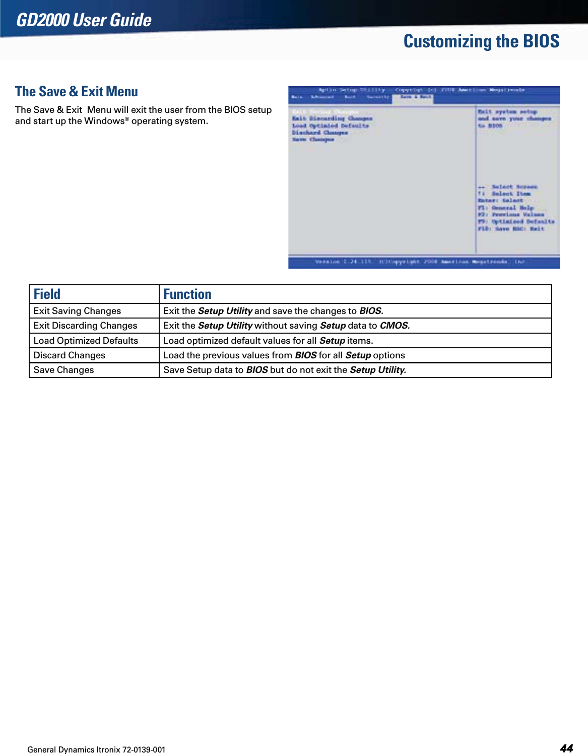 General Dynamics Itronix 72-0139-001  GD2000 User GuideCustomizing the BIOSThe Save &amp; Exit MenuThe Save &amp; Exit  Menu will exit the user from the BIOS setup         and start up the Windows® operating system.Field FunctionExit Saving Changes Exit the Setup Utility and save the changes to BIOS.Exit Discarding Changes Exit the Setup Utility without saving Setup data to CMOS.Load Optimized Defaults Load optimized default values for all Setup items.Discard Changes Load the previous values from BIOS for all Setup optionsSave Changes Save Setup data to BIOS but do not exit the Setup Utility. 