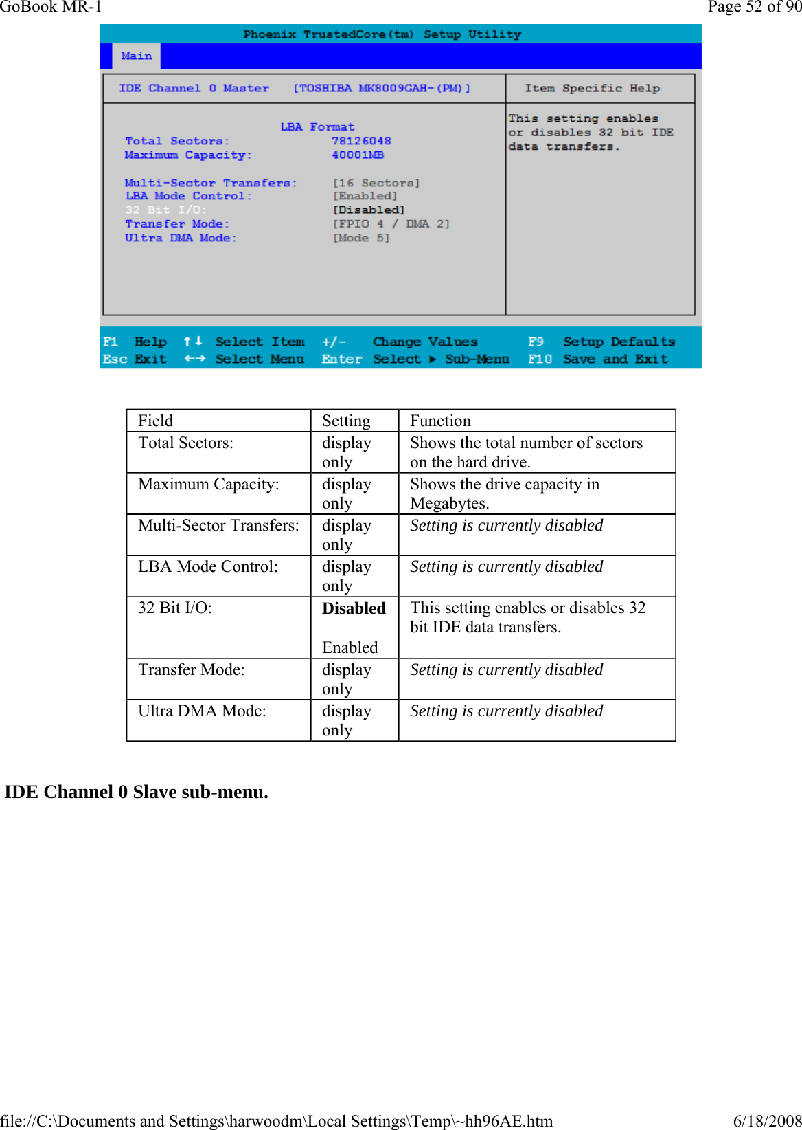       IDE Channel 0 Slave sub-menu.   Field  Setting  Function Total Sectors:  display only Shows the total number of sectors on the hard drive. Maximum Capacity:  display only Shows the drive capacity in Megabytes. Multi-Sector Transfers:  display only Setting is currently disabled LBA Mode Control:  display only Setting is currently disabled 32 Bit I/O:  Disabled Enabled This setting enables or disables 32 bit IDE data transfers. Transfer Mode:  display only Setting is currently disabled Ultra DMA Mode:  display only Setting is currently disabled Page 52 of 90GoBook MR-16/18/2008file://C:\Documents and Settings\harwoodm\Local Settings\Temp\~hh96AE.htm