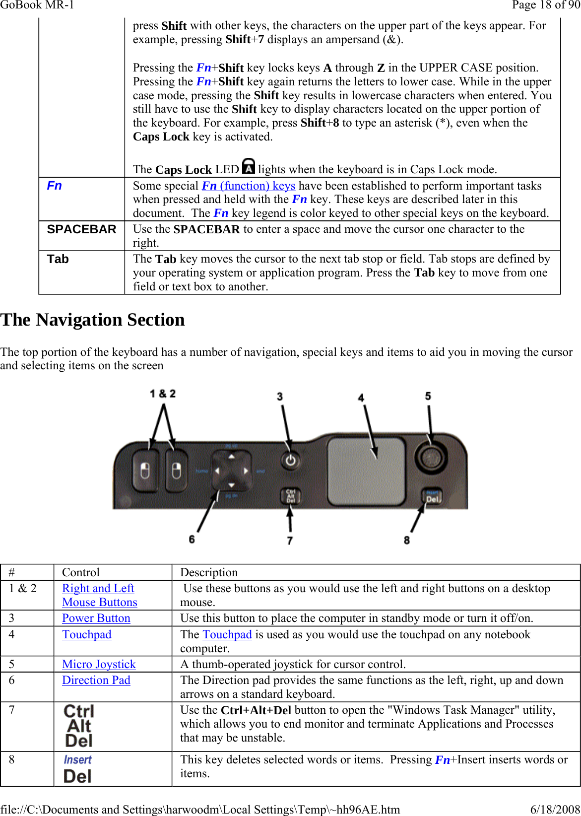 The Navigation Section The top portion of the keyboard has a number of navigation, special keys and items to aid you in moving the cursor and selecting items on the screen  press Shift with other keys, the characters on the upper part of the keys appear. For example, pressing Shift+7 displays an ampersand (&amp;). Pressing the Fn+Shift key locks keys A through Z in the UPPER CASE position. Pressing the Fn+Shift key again returns the letters to lower case. While in the upper case mode, pressing the Shift key results in lowercase characters when entered. You still have to use the Shift key to display characters located on the upper portion of the keyboard. For example, press Shift+8 to type an asterisk (*), even when the Caps Lock key is activated. The Caps Lock LED   lights when the keyboard is in Caps Lock mode. Fn Some special Fn (function) keys have been established to perform important tasks when pressed and held with the Fn key. These keys are described later in this document.  The Fn key legend is color keyed to other special keys on the keyboard. SPACEBAR  Use the SPACEBAR to enter a space and move the cursor one character to the right. Tab  The Tab key moves the cursor to the next tab stop or field. Tab stops are defined by your operating system or application program. Press the Tab key to move from one field or text box to another. #  Control  Description 1 &amp; 2  Right and Left Mouse Buttons  Use these buttons as you would use the left and right buttons on a desktop mouse. 3  Power Button Use this button to place the computer in standby mode or turn it off/on.   4  Touchpad The Touchpad is used as you would use the touchpad on any notebook computer.  5  Micro Joystick A thumb-operated joystick for cursor control.  6  Direction Pad The Direction pad provides the same functions as the left, right, up and down arrows on a standard keyboard. 7  Use the Ctrl+Alt+Del button to open the &quot;Windows Task Manager&quot; utility, which allows you to end monitor and terminate Applications and Processes that may be unstable.  8  This key deletes selected words or items.  Pressing Fn+Insert inserts words or items. Page 18 of 90GoBook MR-16/18/2008file://C:\Documents and Settings\harwoodm\Local Settings\Temp\~hh96AE.htm