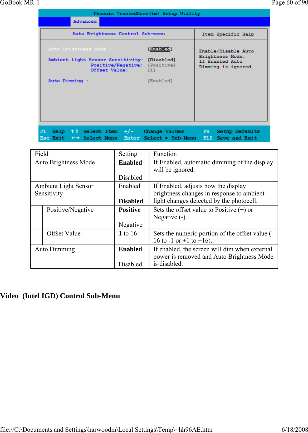    Video  (Intel IGD) Control Sub-Menu Field  Setting  Function Auto Brightness Mode  Enabled Disabled If Enabled, automatic dimming of the display will be ignored. Ambient Light Sensor Sensitivity Enabled Disabled If Enabled, adjusts how the display brightness changes in response to ambient light changes detected by the photocell.    Positive/Negative  Positive Negative Sets the offset value to Positive (+) or Negative (-).    Offset Value  1 to 16 Sets the numeric portion of the offset value (-16 to -1 or +1 to +16). Auto Dimming  Enabled Disabled If enabled, the screen will dim when external power is removed and Auto Brightness Mode is disabled.  Page 60 of 90GoBook MR-16/18/2008file://C:\Documents and Settings\harwoodm\Local Settings\Temp\~hh96AE.htm