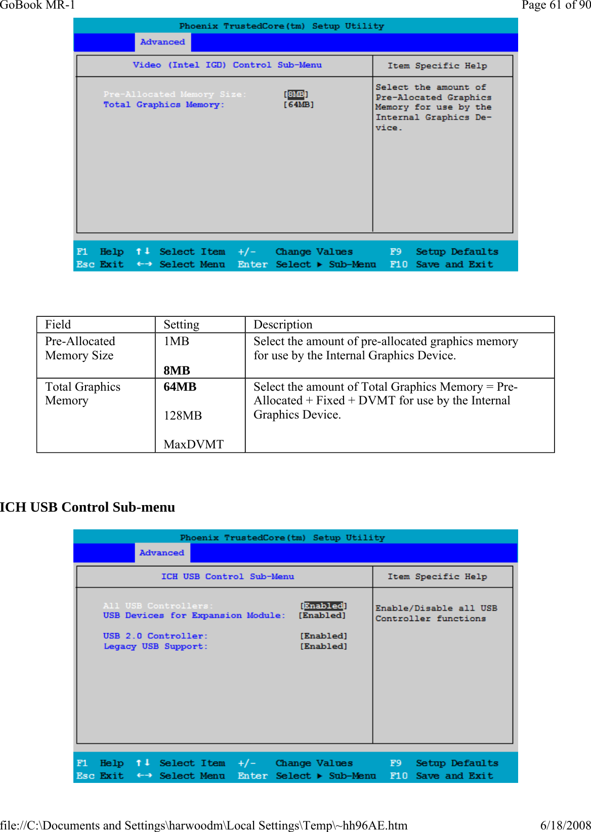      ICH USB Control Sub-menu    Field  Setting  Description Pre-Allocated Memory Size 1MB 8MB Select the amount of pre-allocated graphics memory for use by the Internal Graphics Device. Total Graphics Memory 64MB 128MB MaxDVMT Select the amount of Total Graphics Memory = Pre-Allocated + Fixed + DVMT for use by the Internal Graphics Device. Page 61 of 90GoBook MR-16/18/2008file://C:\Documents and Settings\harwoodm\Local Settings\Temp\~hh96AE.htm