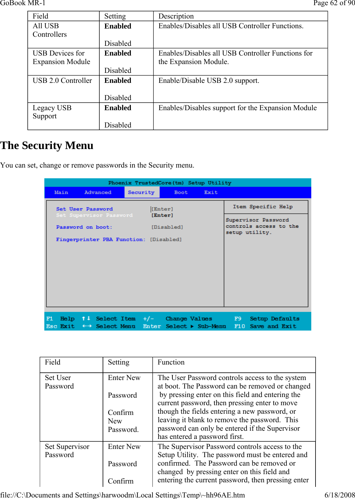 The Security Menu You can set, change or remove passwords in the Security menu.    Field  Setting  Description All USB Controllers Enabled Disabled Enables/Disables all USB Controller Functions. USB Devices for Expansion Module Enabled Disabled Enables/Disables all USB Controller Functions for the Expansion Module. USB 2.0 Controller  Enabled Disabled Enable/Disable USB 2.0 support. Legacy USB Support Enabled Disabled Enables/Disables support for the Expansion Module Field  Setting  Function Set User Password Enter New Password Confirm New Password. The User Password controls access to the system at boot. The Password can be removed or changed  by pressing enter on this field and entering the current password, then pressing enter to move though the fields entering a new password, or leaving it blank to remove the password.  This password can only be entered if the Supervisor has entered a password first. Set Supervisor Password Enter New Password Confirm The Supervisor Password controls access to the Setup Utility.  The password must be entered and confirmed.  The Password can be removed or changed  by pressing enter on this field and entering the current password, then pressing enter Page 62 of 90GoBook MR-16/18/2008file://C:\Documents and Settings\harwoodm\Local Settings\Temp\~hh96AE.htm