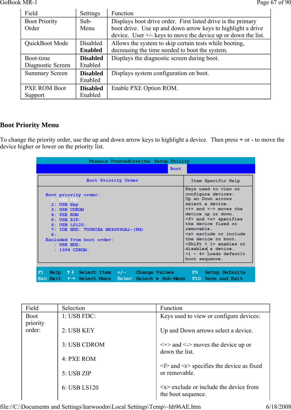   Boot Priority Menu To change the priority order, use the up and down arrow keys to highlight a device.  Then press + or - to move the device higher or lower on the priority list.    Field  Settings  Function Boot Priority Order Sub-Menu Displays boot drive order.  First listed drive is the primary boot drive.  Use up and down arrow keys to highlight a drive device.  User +/- keys to move the device up or down the list. QuickBoot Mode  Disabled Enabled Allows the system to skip certain tests while booting, decreasing the time needed to boot the system. Boot-time Diagnostic Screen Disabled Enabled Displays the diagnostic screen during boot. Summary Screen  Disabled Enabled Displays system configuration on boot. PXE ROM Boot Support Disabled Enabled Enable PXE Option ROM. Field  Selection  Function Boot priority order: 1: USB FDC: 2: USB KEY 3: USB CDROM 4: PXE ROM 5: USB ZIP 6: USB LS120 Keys used to view or configure devices: Up and Down arrows select a device. &lt;+&gt; and &lt;-&gt; moves the device up or down the list. &lt;f&gt; and &lt;r&gt; specifies the device as fixed or removable. &lt;x&gt; exclude or include the device from the boot sequence. Page 67 of 90GoBook MR-16/18/2008file://C:\Documents and Settings\harwoodm\Local Settings\Temp\~hh96AE.htm