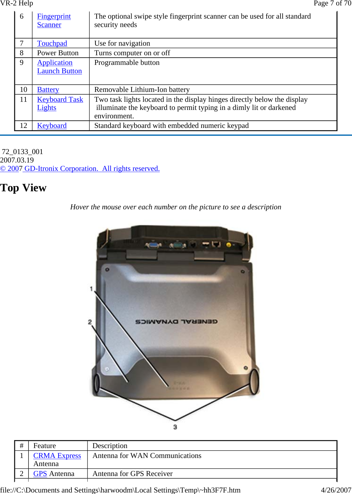 Top View Hover the mouse over each number on the picture to see a description  6   Fingerprint Scanner The optional swipe style fingerprint scanner can be used for all standard security needs 7  Touchpad Use for navigation 8  Power Button  Turns computer on or off 9   Application Launch Button Programmable button 10  Battery Removable Lithium-Ion battery 11  Keyboard Task Lights Two task lights located in the display hinges directly below the display  illuminate the keyboard to permit typing in a dimly lit or darkened environment. 12  Keyboard Standard keyboard with embedded numeric keypad #  Feature  Description 1  CRMA Express Antenna  Antenna for WAN Communications 2  GPS Antenna  Antenna for GPS Receiver  72_0133_001 2007.03.19 © 2007 GD-Itronix Corporation.  All rights reserved.Page 7 of 70VR-2 Help4/26/2007file://C:\Documents and Settings\harwoodm\Local Settings\Temp\~hh3F7F.htm