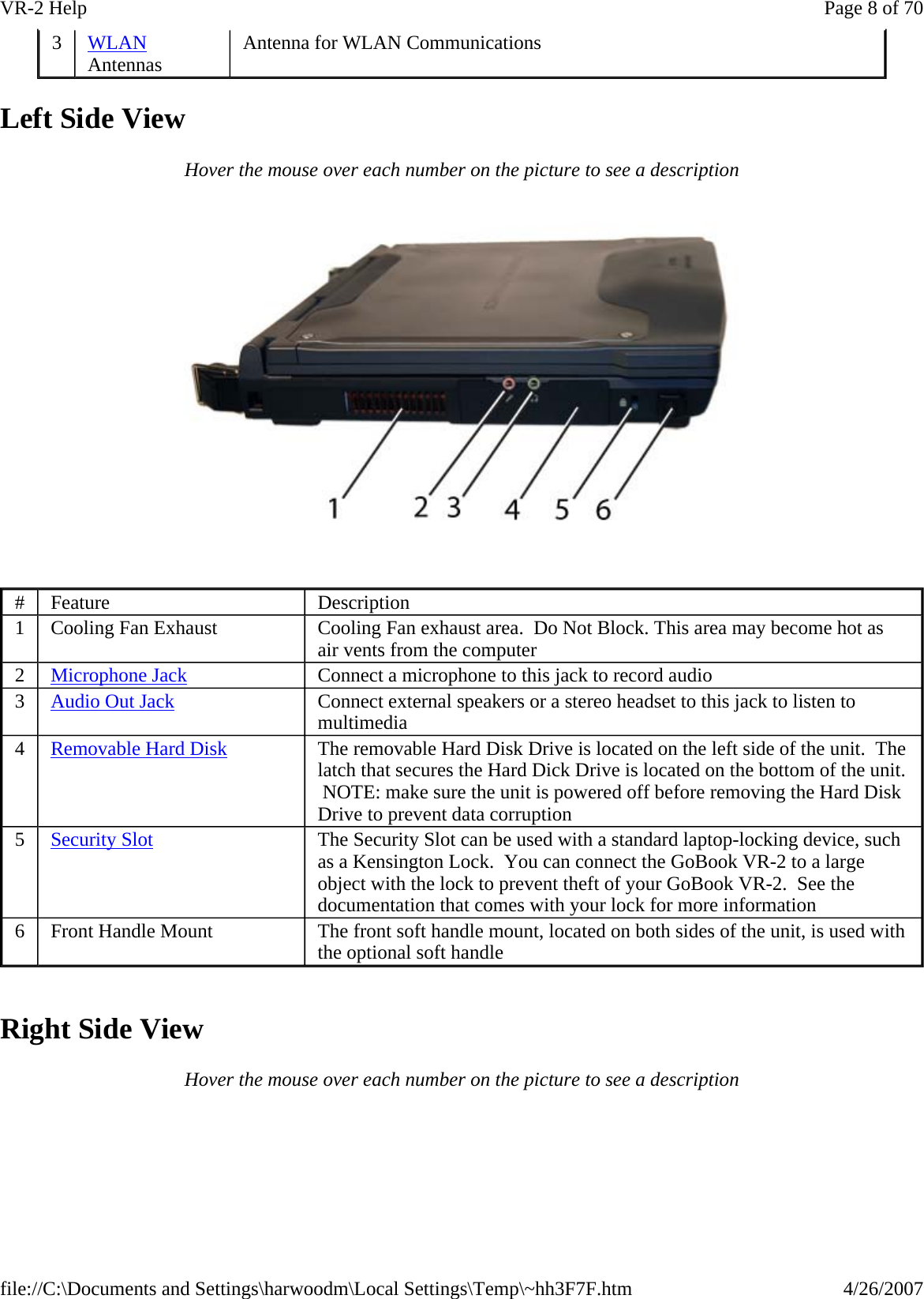 Left Side View Hover the mouse over each number on the picture to see a description    Right Side View Hover the mouse over each number on the picture to see a description 3  WLAN Antennas  Antenna for WLAN Communications #  Feature  Description 1  Cooling Fan Exhaust  Cooling Fan exhaust area.  Do Not Block. This area may become hot as air vents from the computer 2  Microphone Jack Connect a microphone to this jack to record audio 3  Audio Out Jack Connect external speakers or a stereo headset to this jack to listen to multimedia 4  Removable Hard Disk The removable Hard Disk Drive is located on the left side of the unit.  The latch that secures the Hard Dick Drive is located on the bottom of the unit.  NOTE: make sure the unit is powered off before removing the Hard Disk Drive to prevent data corruption 5  Security Slot The Security Slot can be used with a standard laptop-locking device, such as a Kensington Lock.  You can connect the GoBook VR-2 to a large object with the lock to prevent theft of your GoBook VR-2.  See the documentation that comes with your lock for more information 6  Front Handle Mount  The front soft handle mount, located on both sides of the unit, is used with the optional soft handle Page 8 of 70VR-2 Help4/26/2007file://C:\Documents and Settings\harwoodm\Local Settings\Temp\~hh3F7F.htm